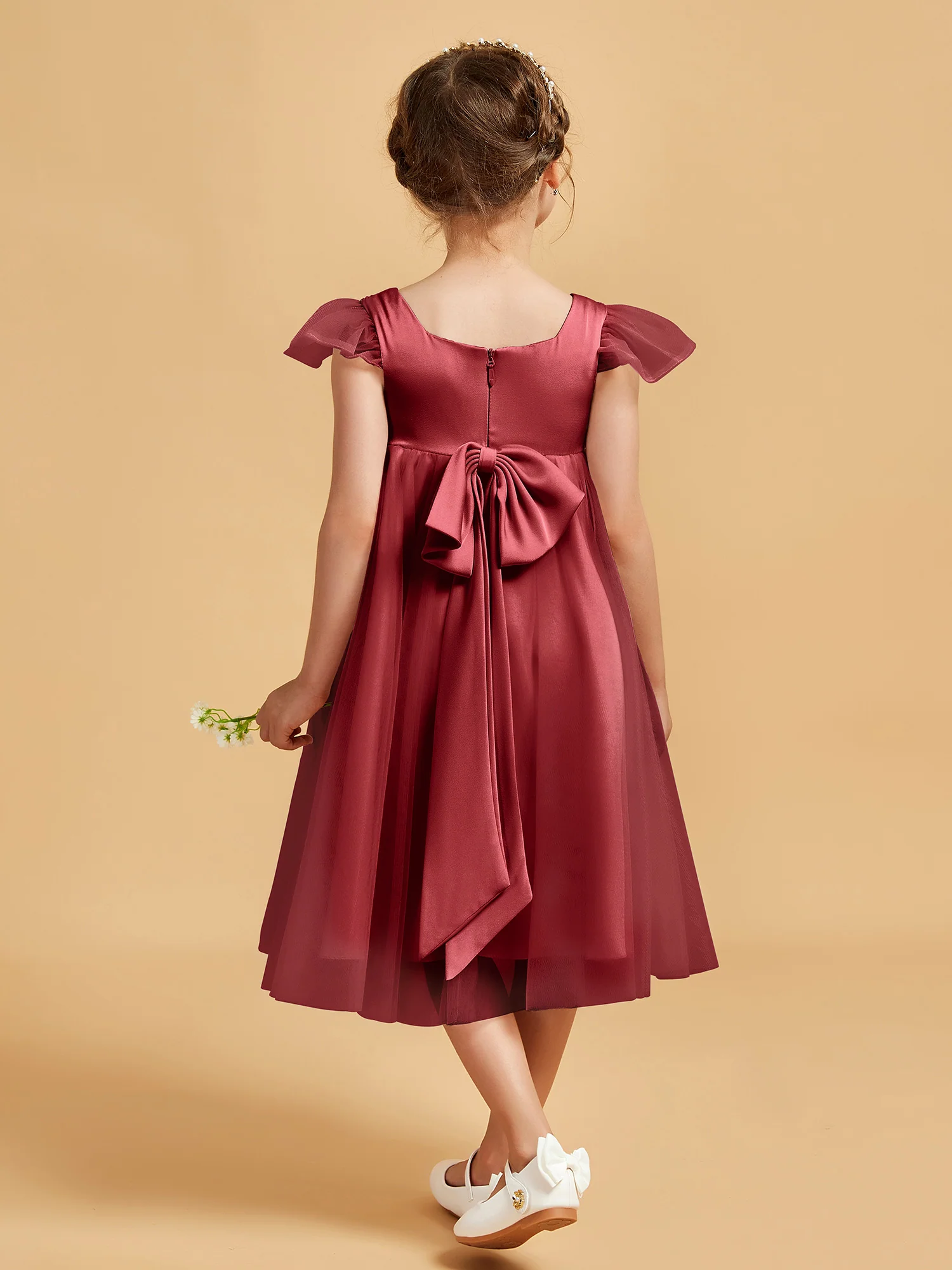 Square Neck Girl's Dress With Flutter Sleeves Burgundy - Image 2