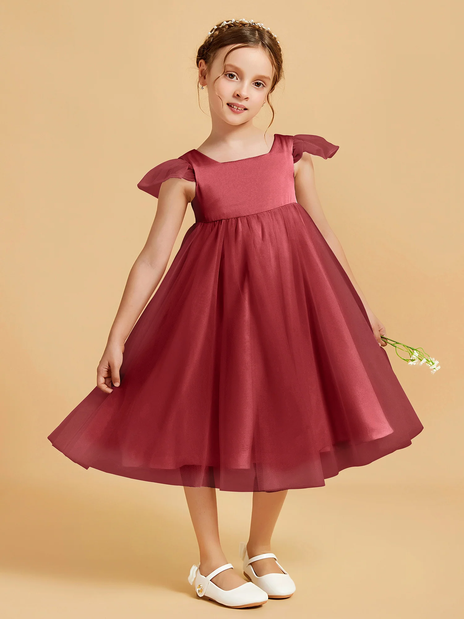 Square Neck Girl's Dress With Flutter Sleeves Burgundy - Image 3