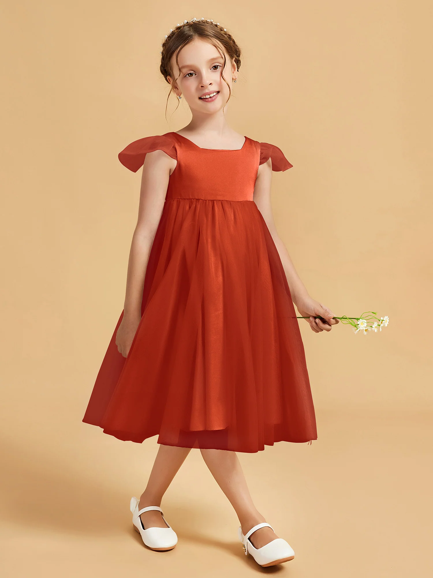 Square Neck Girl's Dress With Flutter Sleeves Burnt Orange