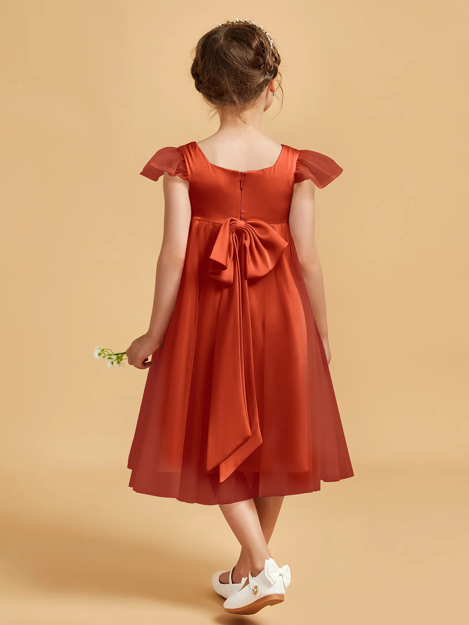 Square Neck Girl's Dress With Flutter Sleeves Burnt Orange - Image 2