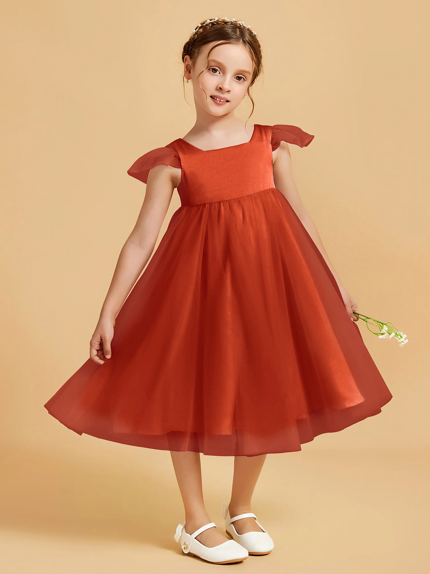 Square Neck Girl's Dress With Flutter Sleeves Burnt Orange - Image 3