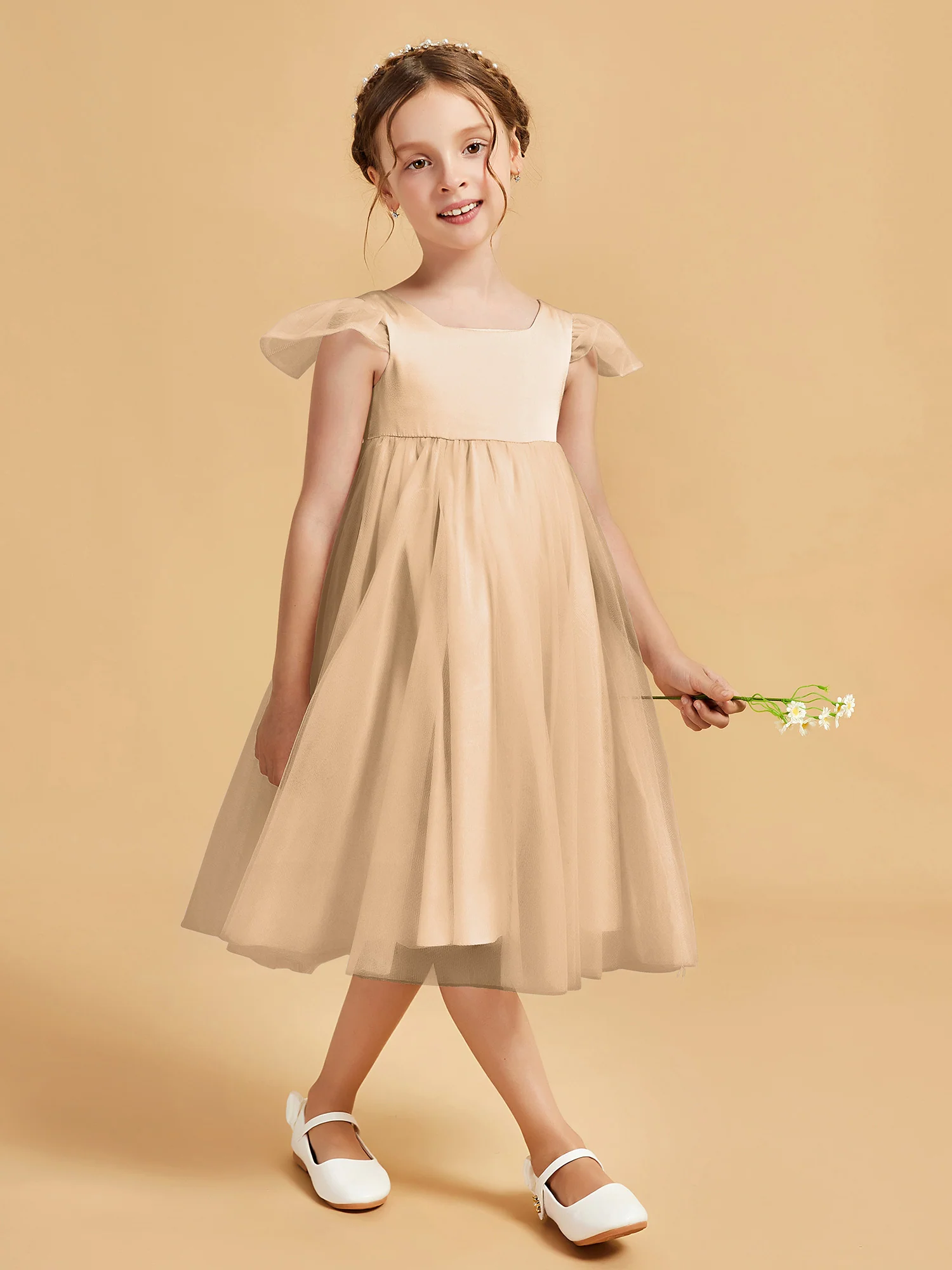 Square Neck Girl's Dress With Flutter Sleeves Champagne