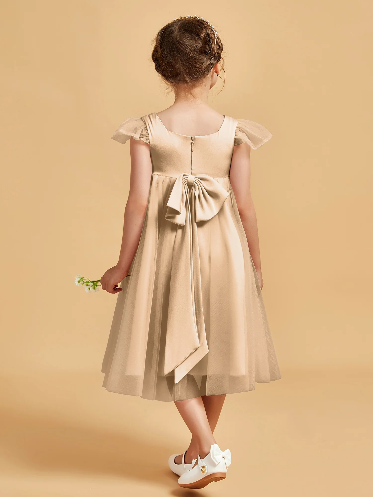 Square Neck Girl's Dress With Flutter Sleeves Champagne - Image 2