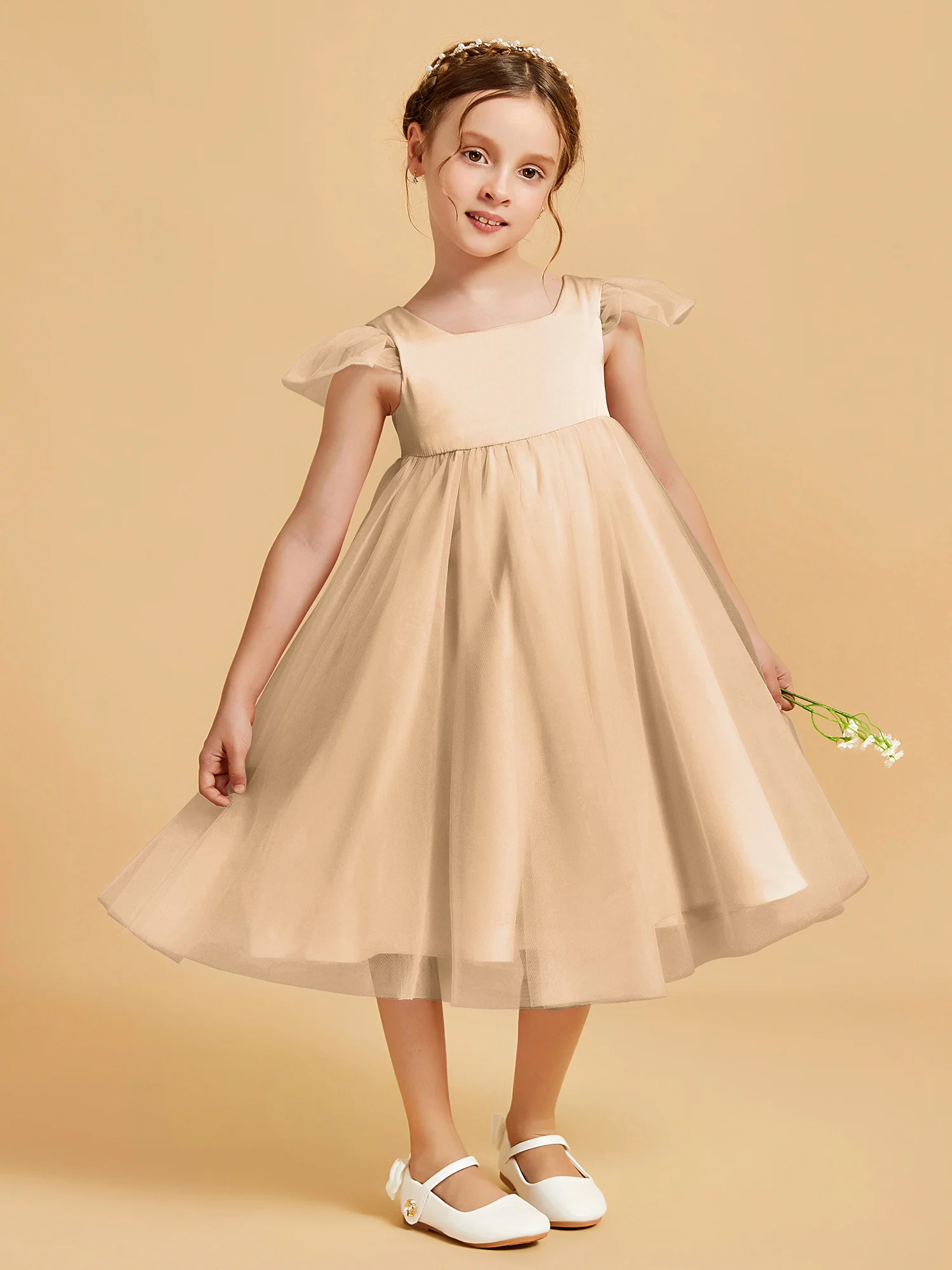 Square Neck Girl's Dress With Flutter Sleeves Champagne - Image 3