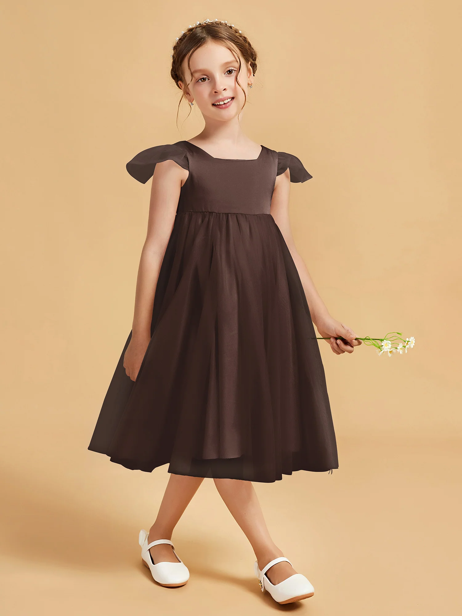 Square Neck Girl's Dress With Flutter Sleeves Chocolate