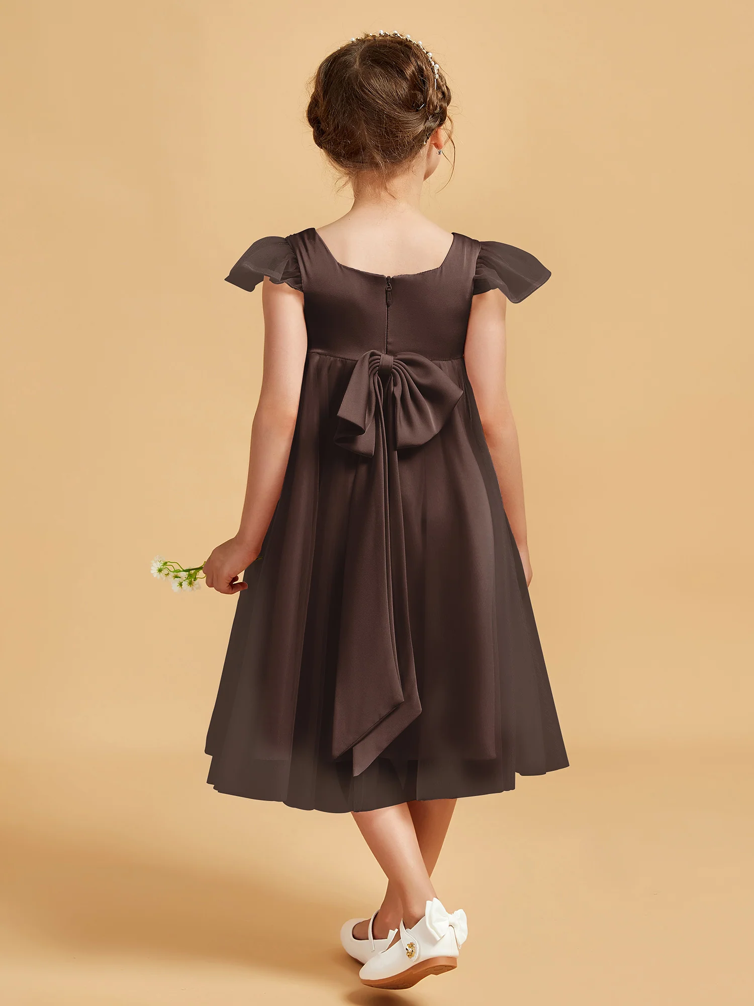 Square Neck Girl's Dress With Flutter Sleeves Chocolate - Image 2
