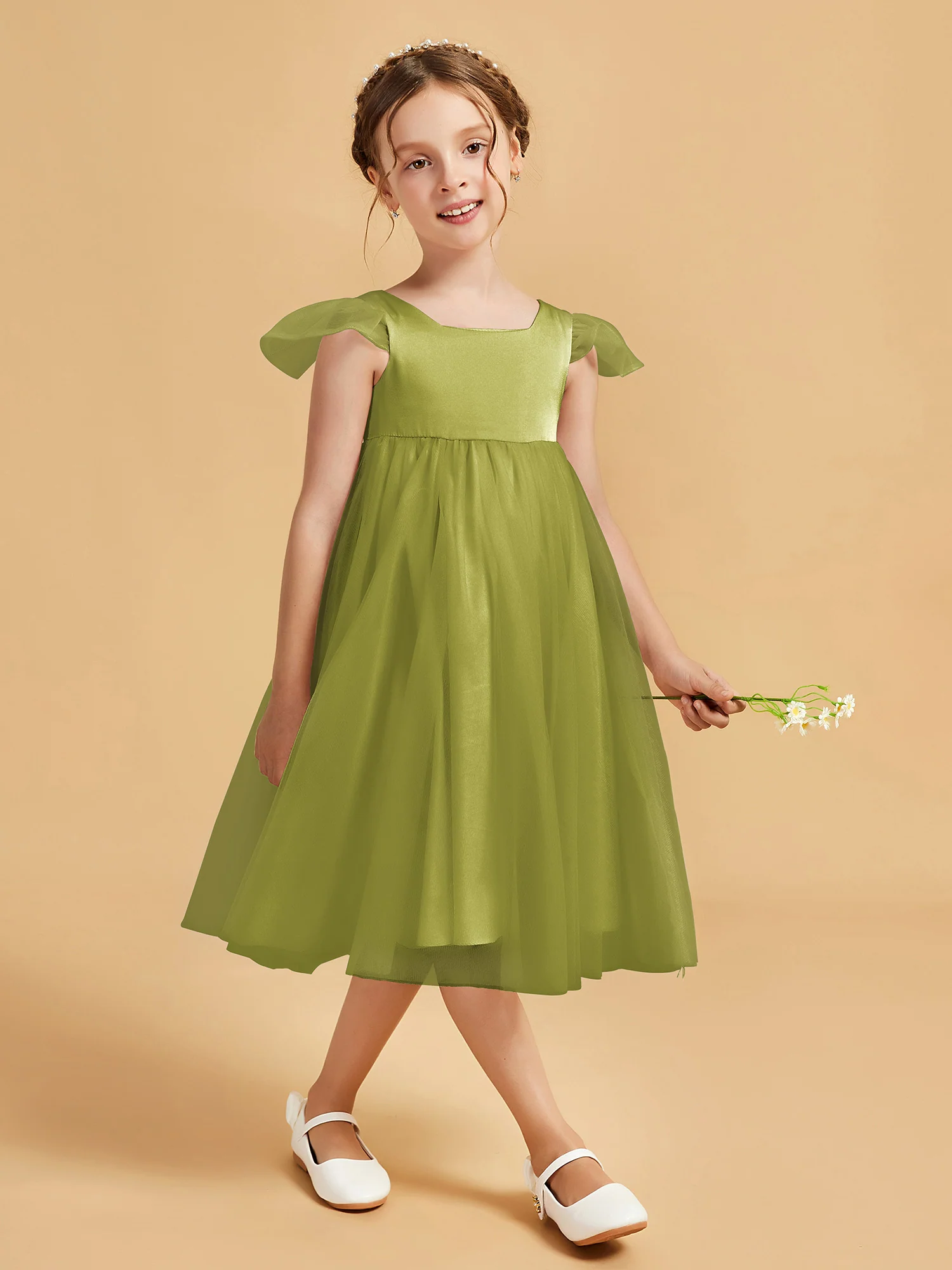 Square Neck Girl's Dress With Flutter Sleeves Clover