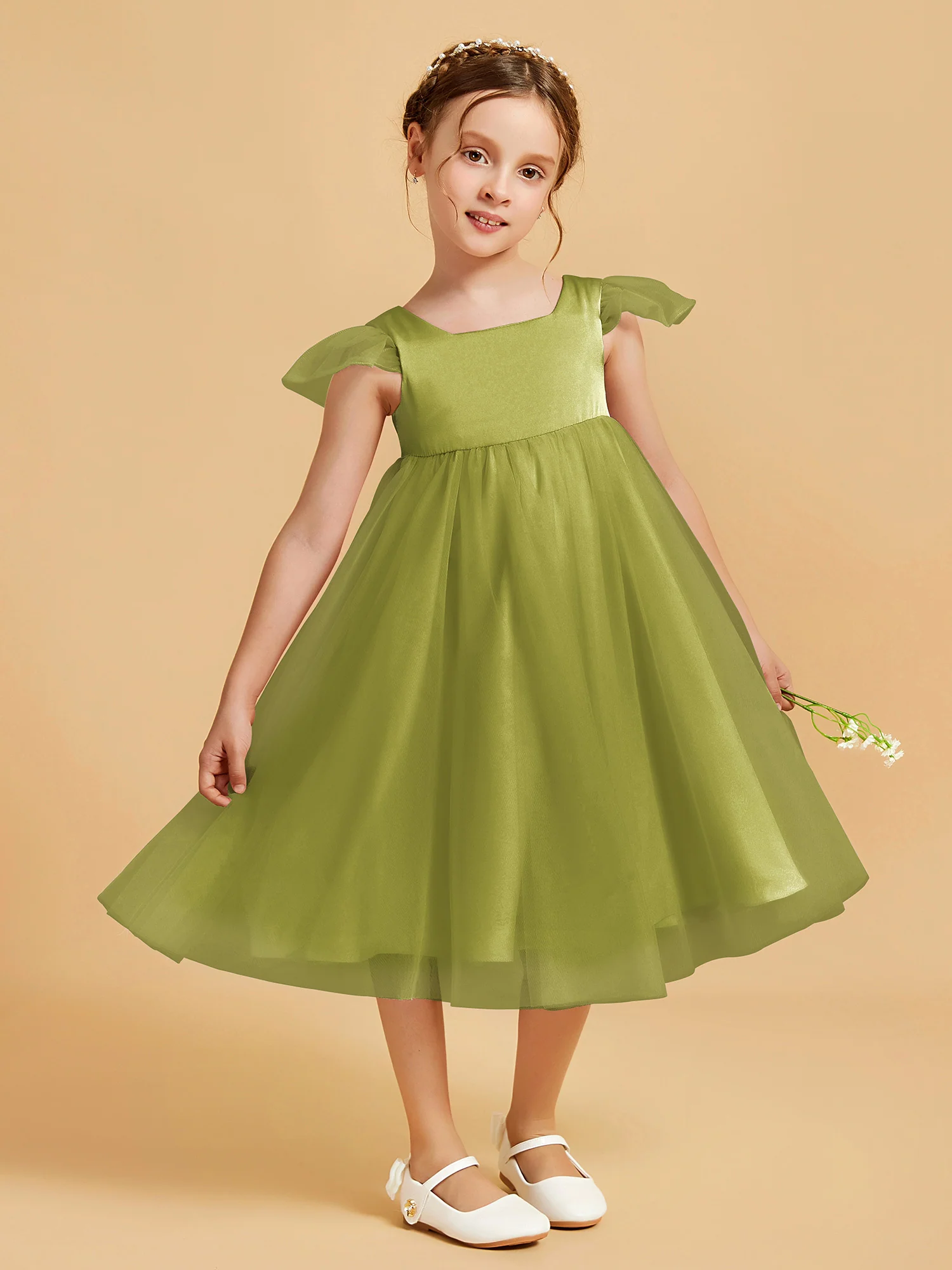 Square Neck Girl's Dress With Flutter Sleeves Clover - Image 3