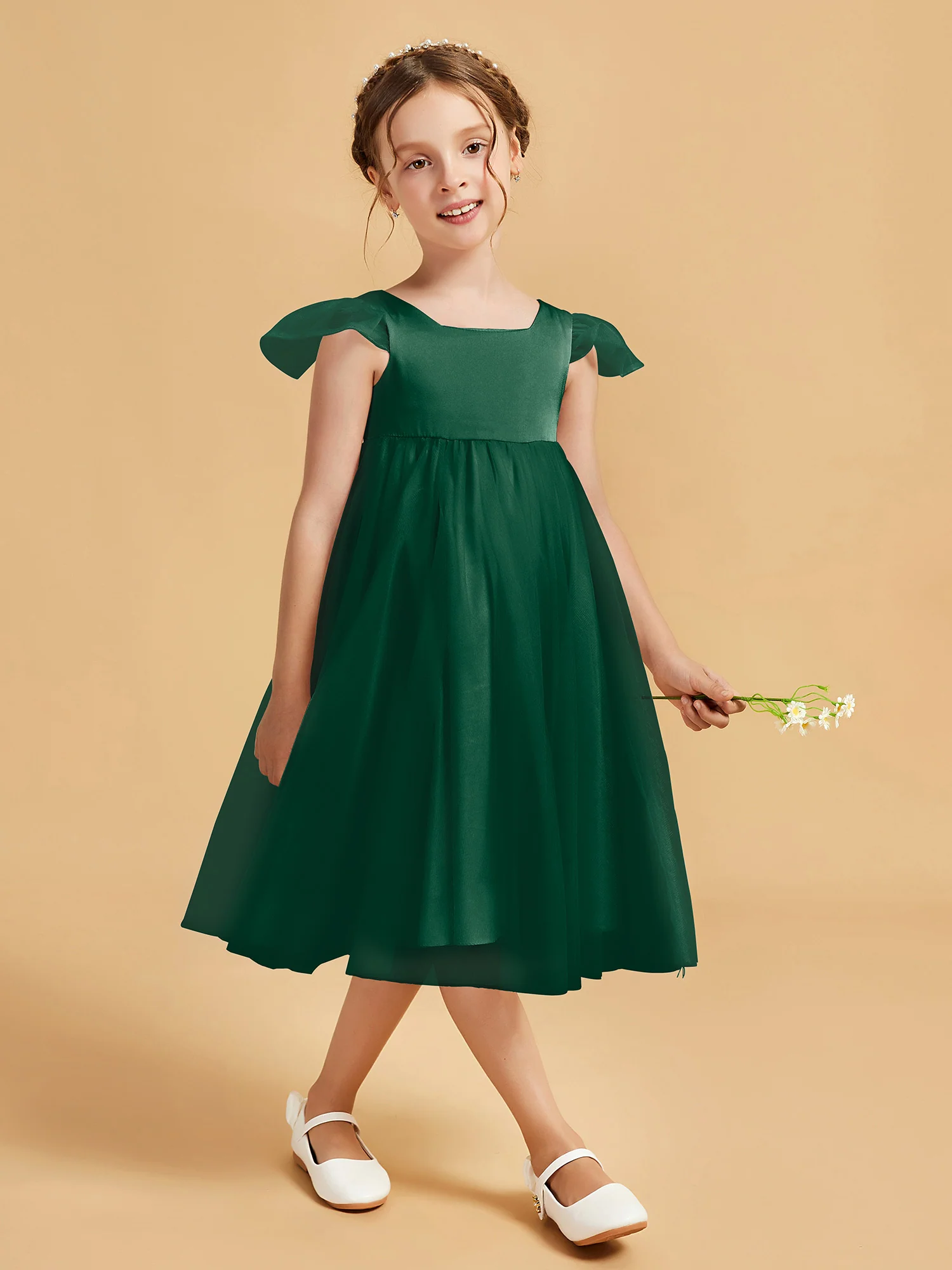 Square Neck Girl's Dress With Flutter Sleeves Dark Green