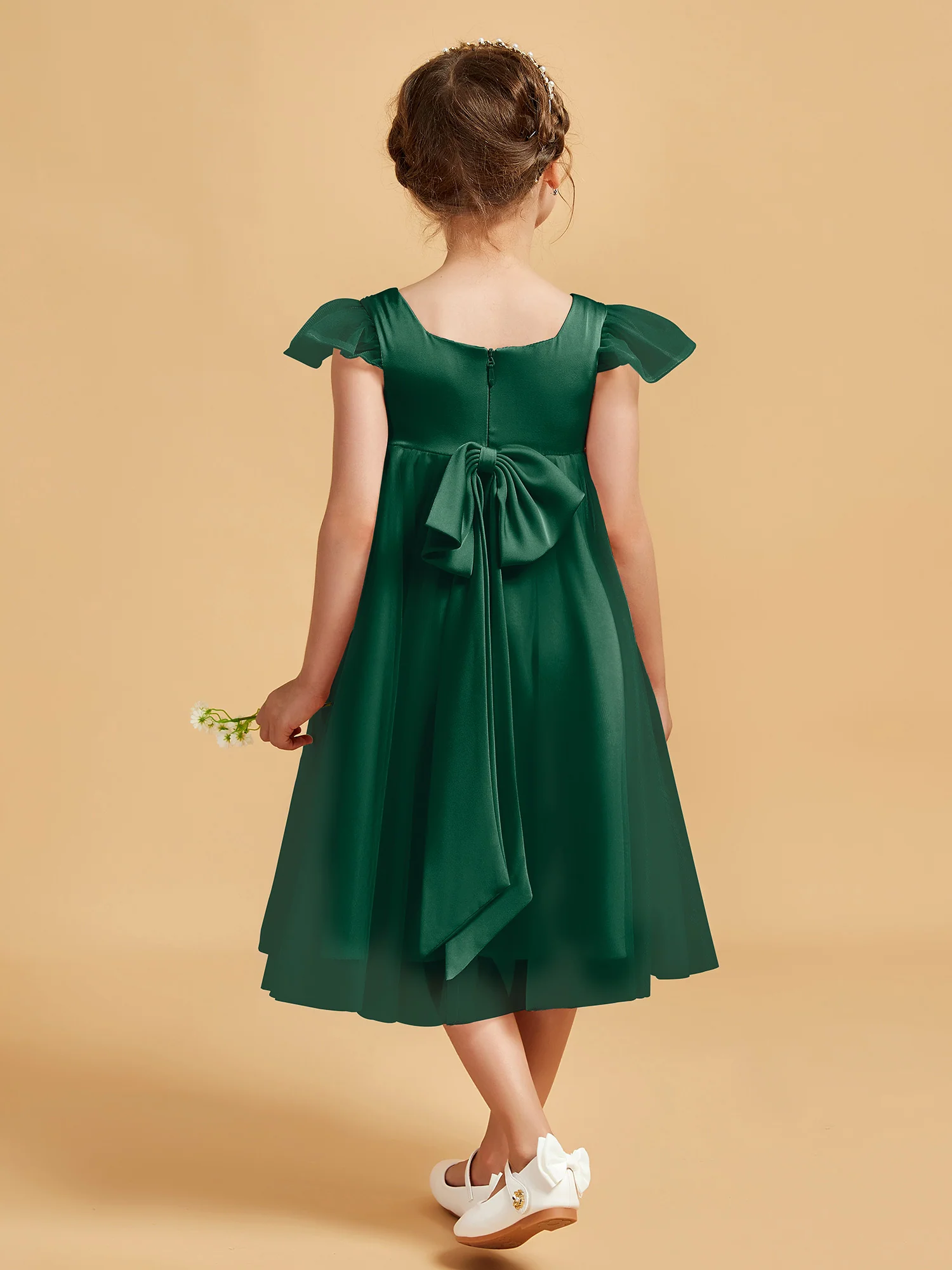 Square Neck Girl's Dress With Flutter Sleeves Dark Green - Image 2