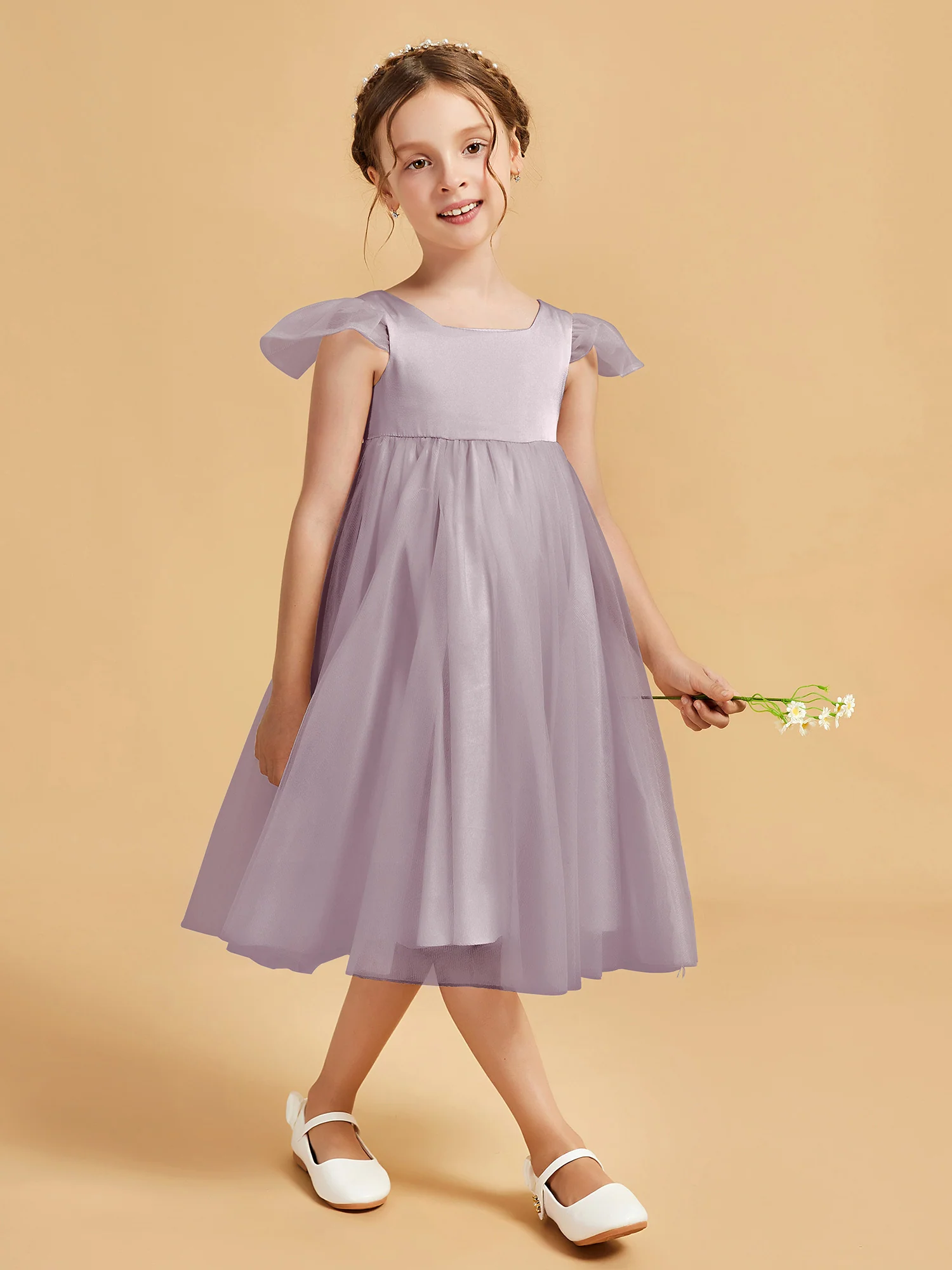 Square Neck Girl's Dress With Flutter Sleeves Dusk
