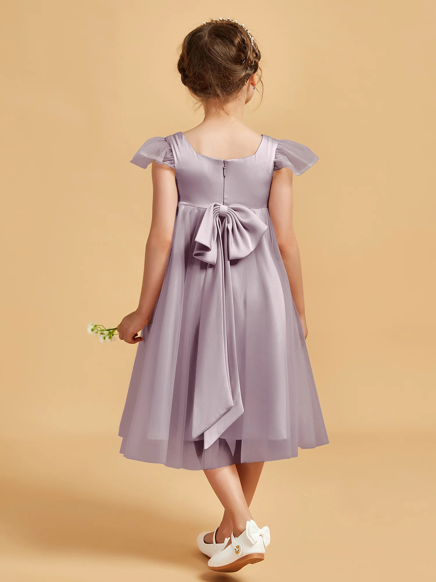Square Neck Girl's Dress With Flutter Sleeves Dusk - Image 2