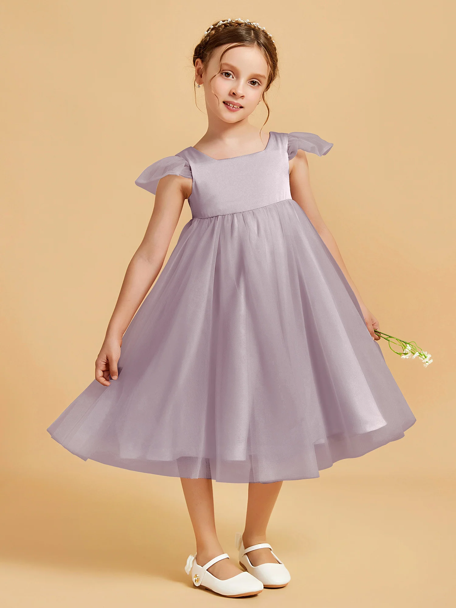 Square Neck Girl's Dress With Flutter Sleeves Dusk - Image 3