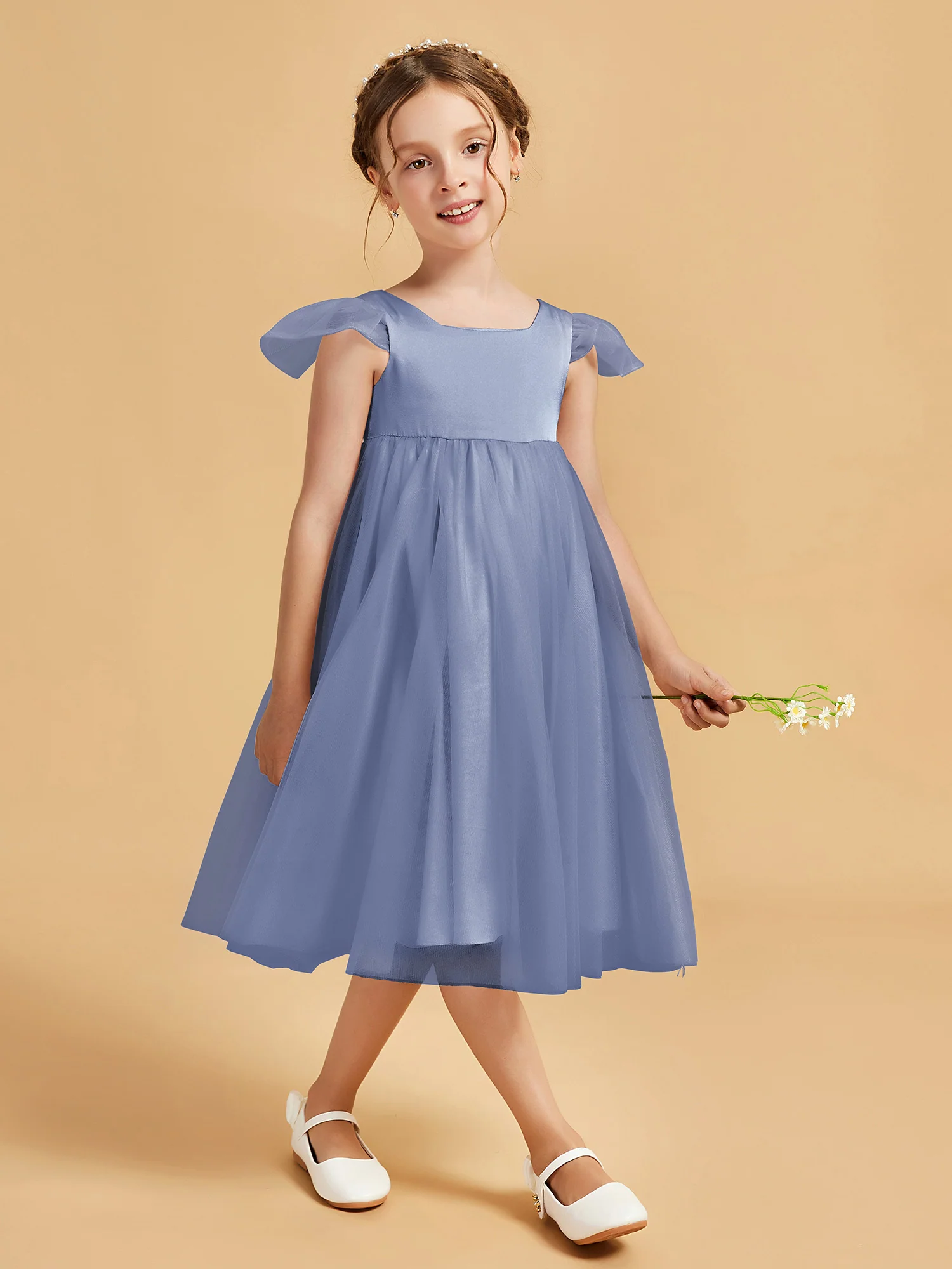 Square Neck Girl's Dress With Flutter Sleeves Dusty Blue