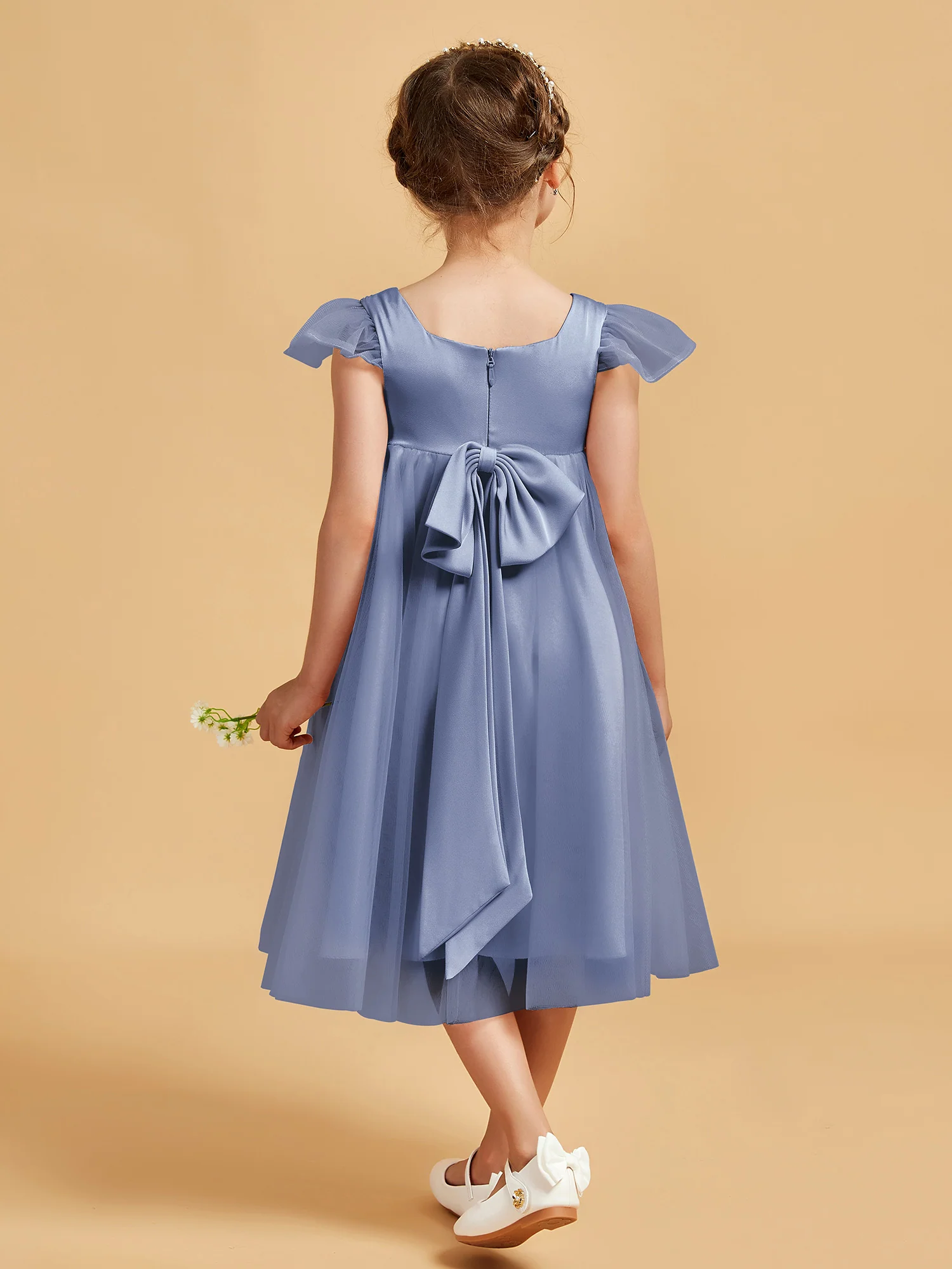 Square Neck Girl's Dress With Flutter Sleeves Dusty Blue - Image 2