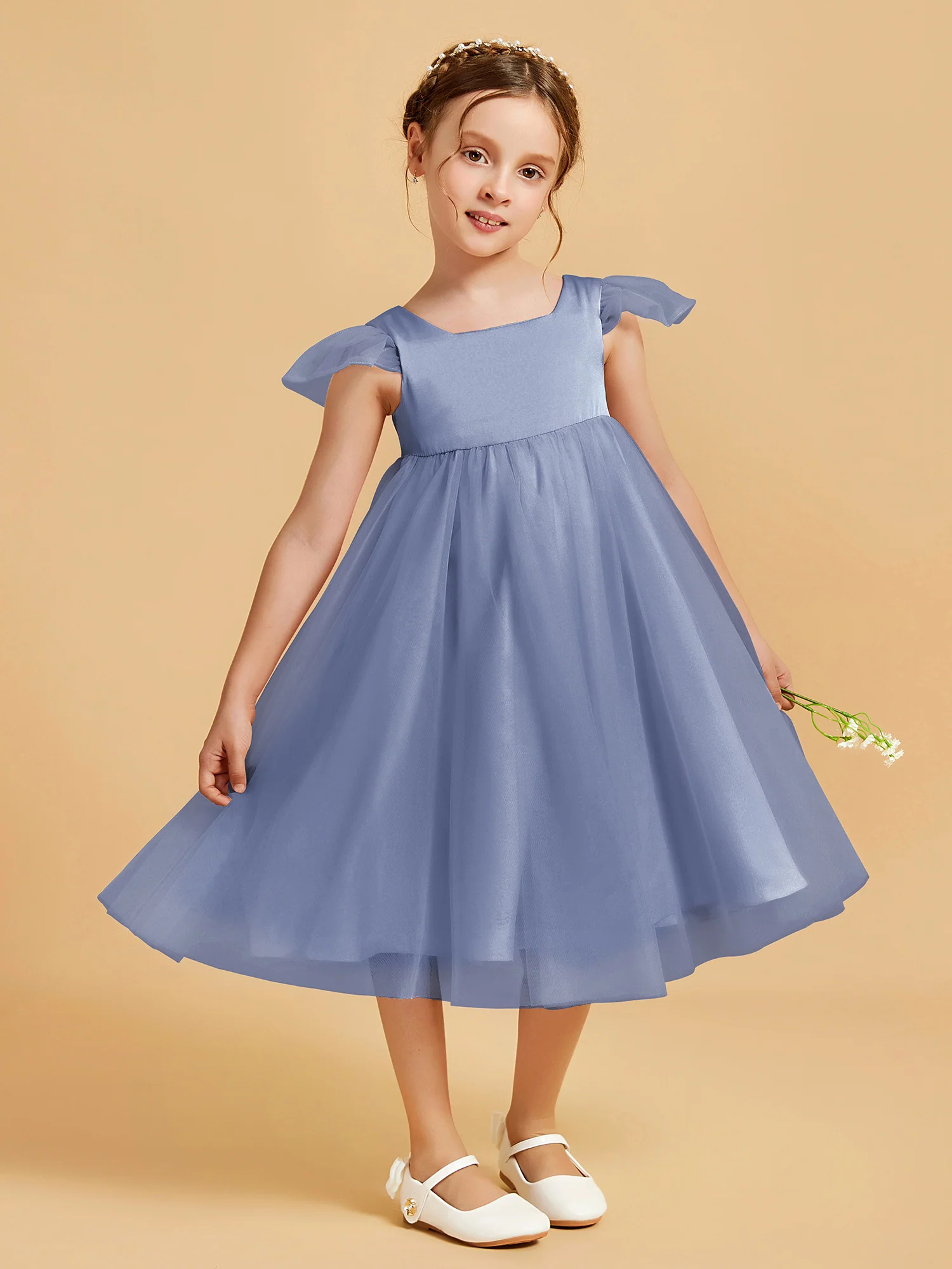 Square Neck Girl's Dress With Flutter Sleeves Dusty Blue - Image 3
