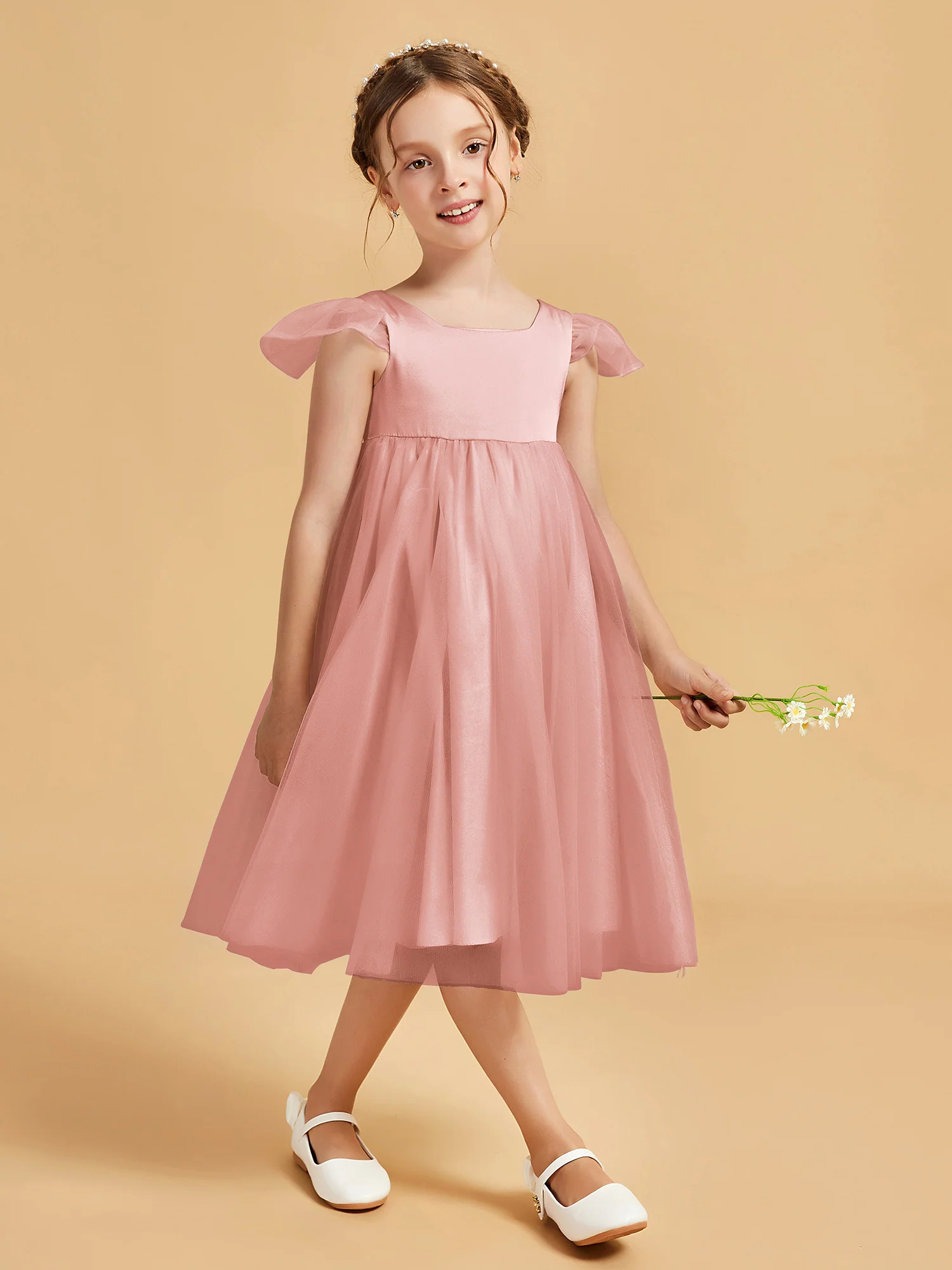 Square Neck Girl's Dress With Flutter Sleeves Dusty Rose