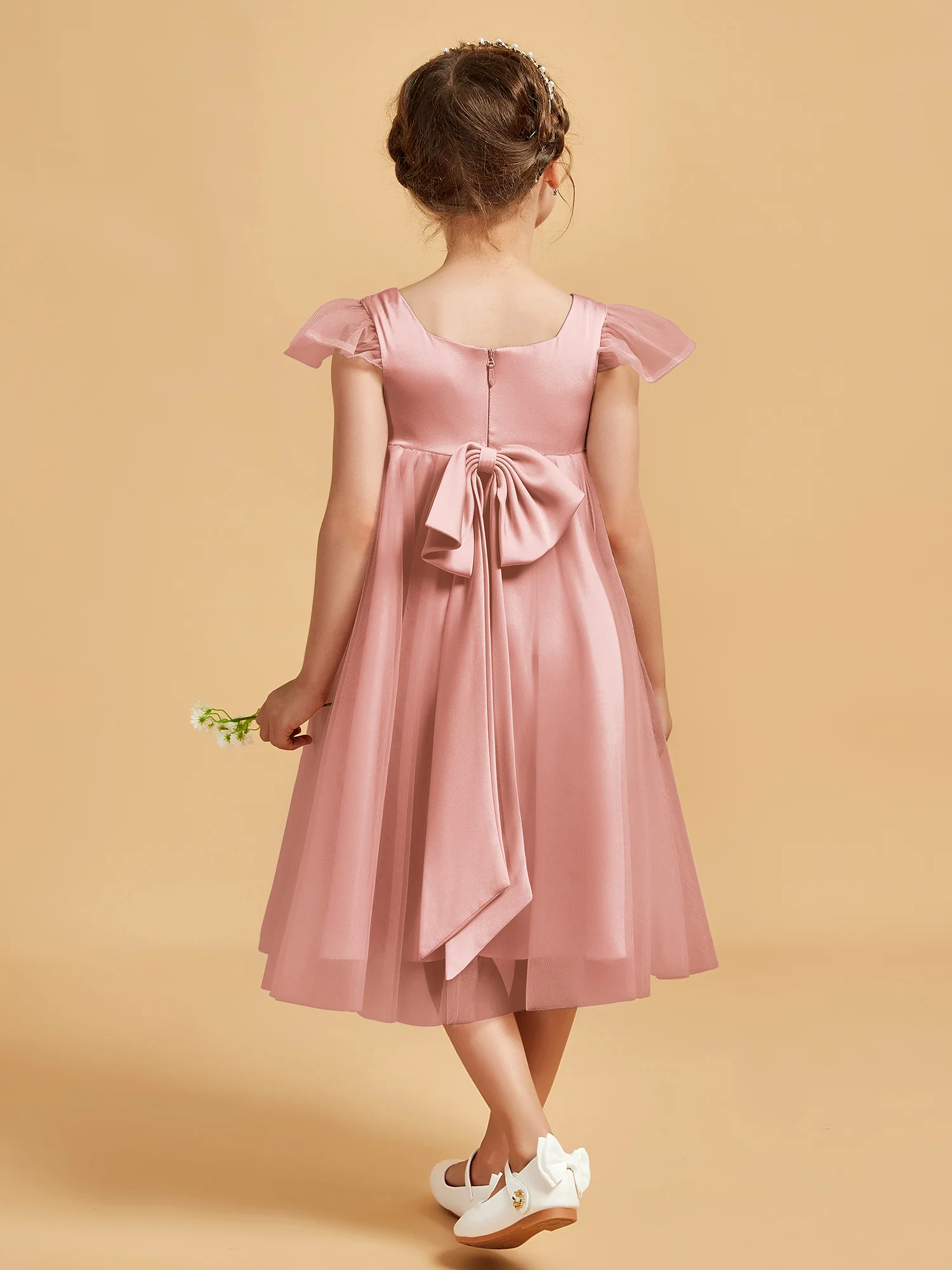 Square Neck Girl's Dress With Flutter Sleeves Dusty Rose - Image 2