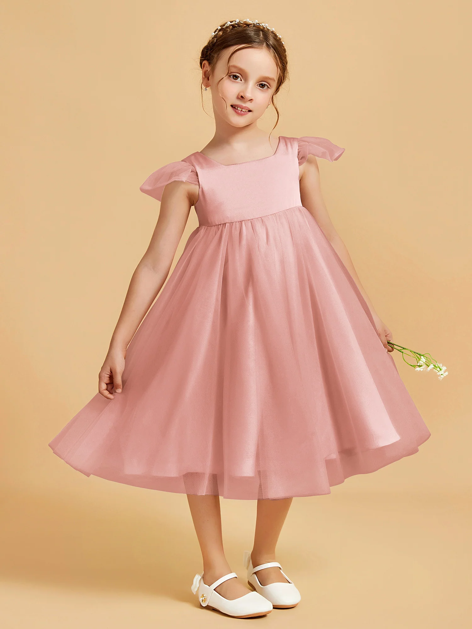 Square Neck Girl's Dress With Flutter Sleeves Dusty Rose - Image 3