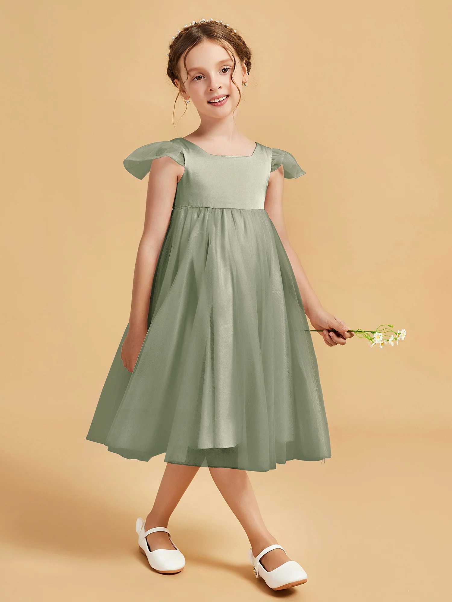 Square Neck Girl's Dress With Flutter Sleeves Dusty Sage
