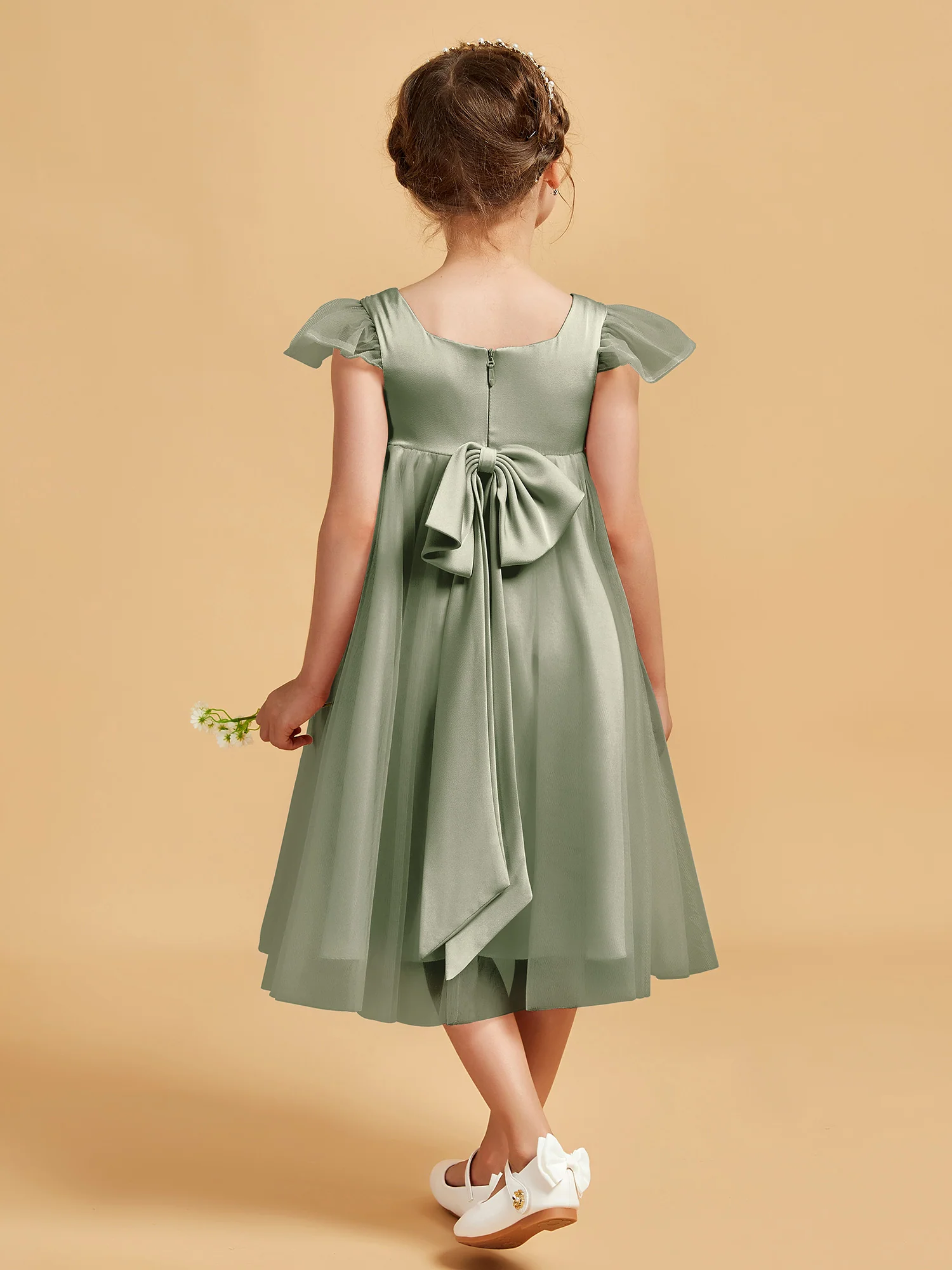 Square Neck Girl's Dress With Flutter Sleeves Dusty Sage - Image 2