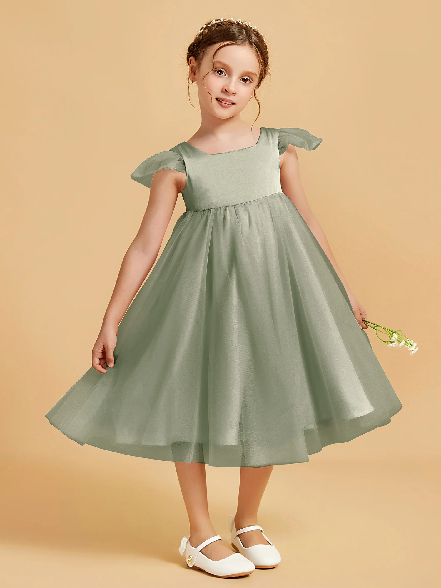 Square Neck Girl's Dress With Flutter Sleeves Dusty Sage - Image 3