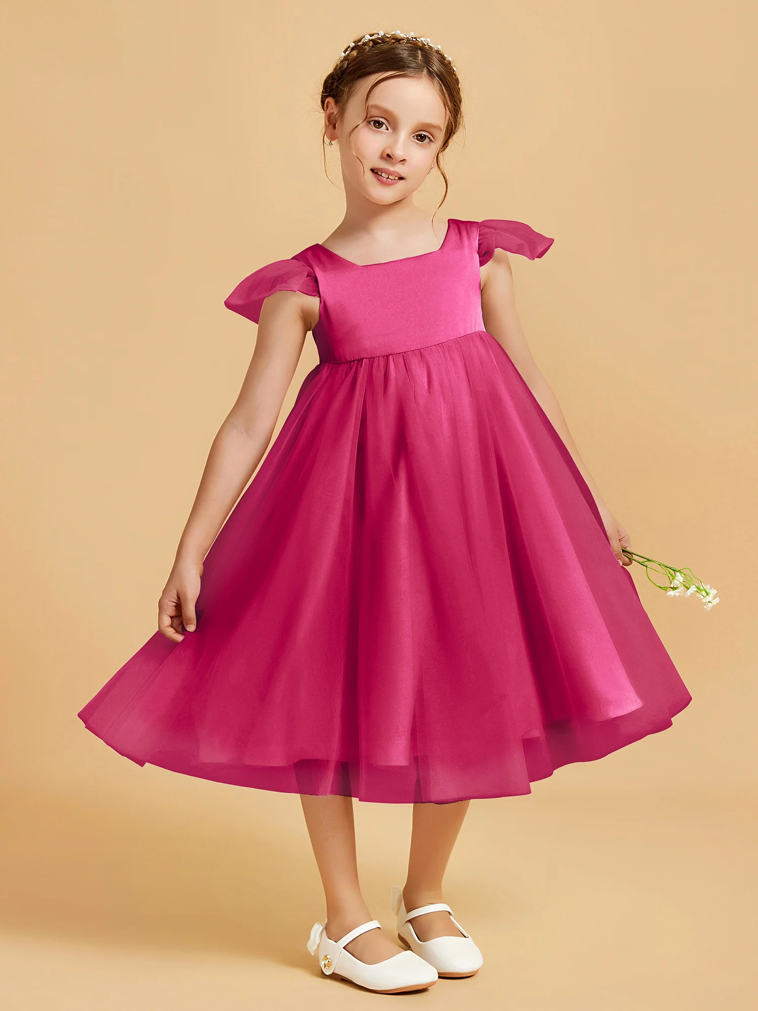 Square Neck Girl's Dress With Flutter Sleeves Fuchsia - Image 3