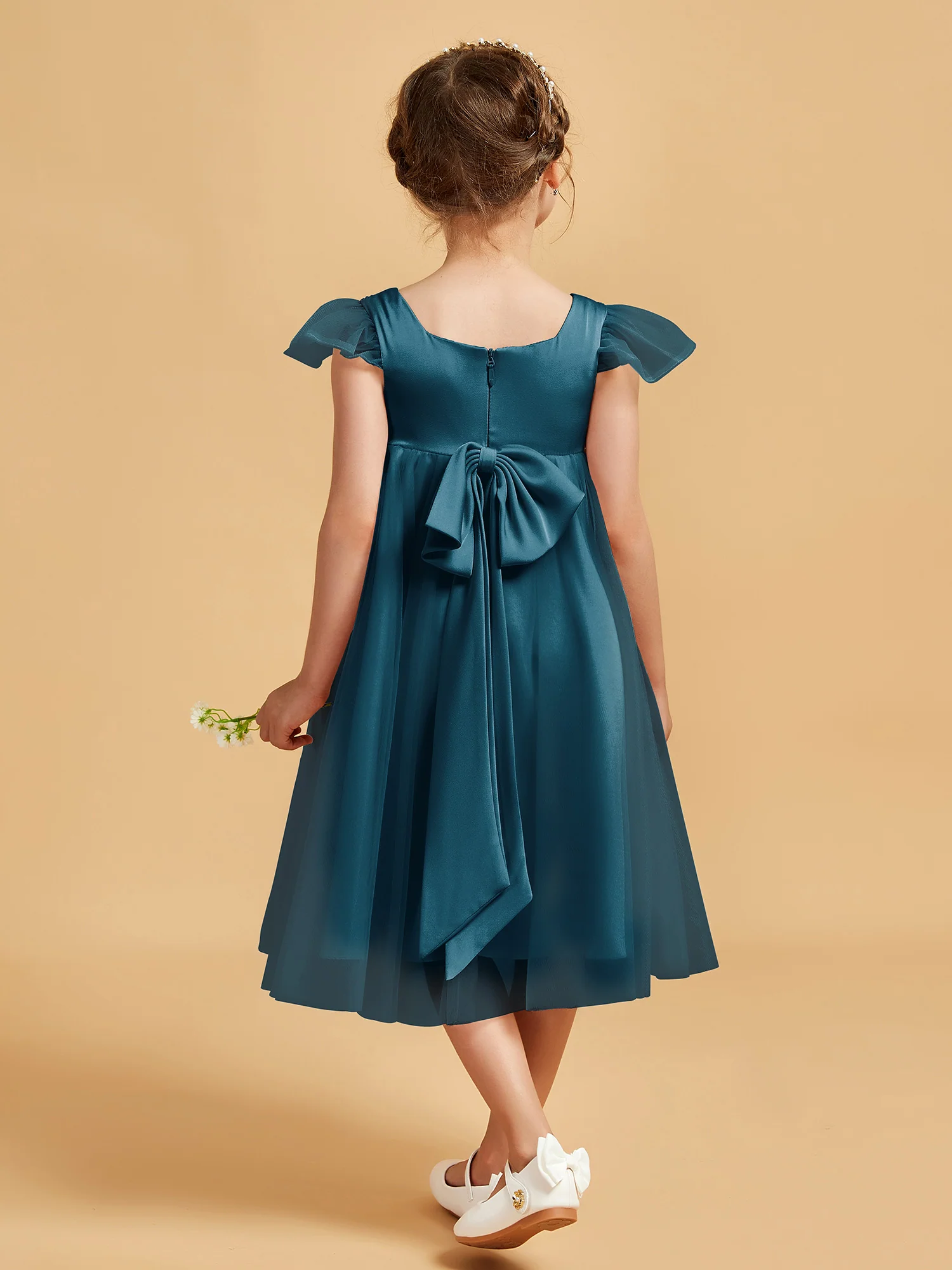 Square Neck Girl's Dress With Flutter Sleeves Ink Blue - Image 2
