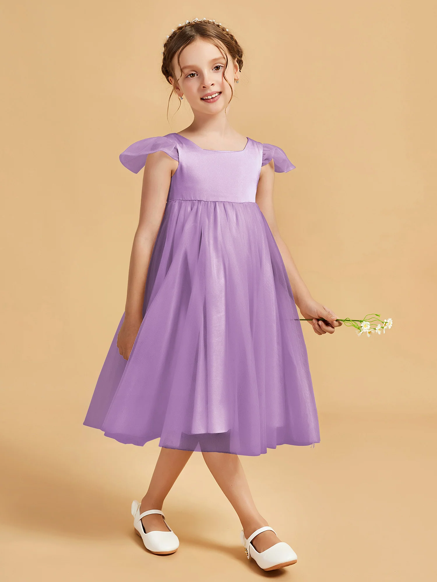 Square Neck Girl's Dress With Flutter Sleeves Lilac