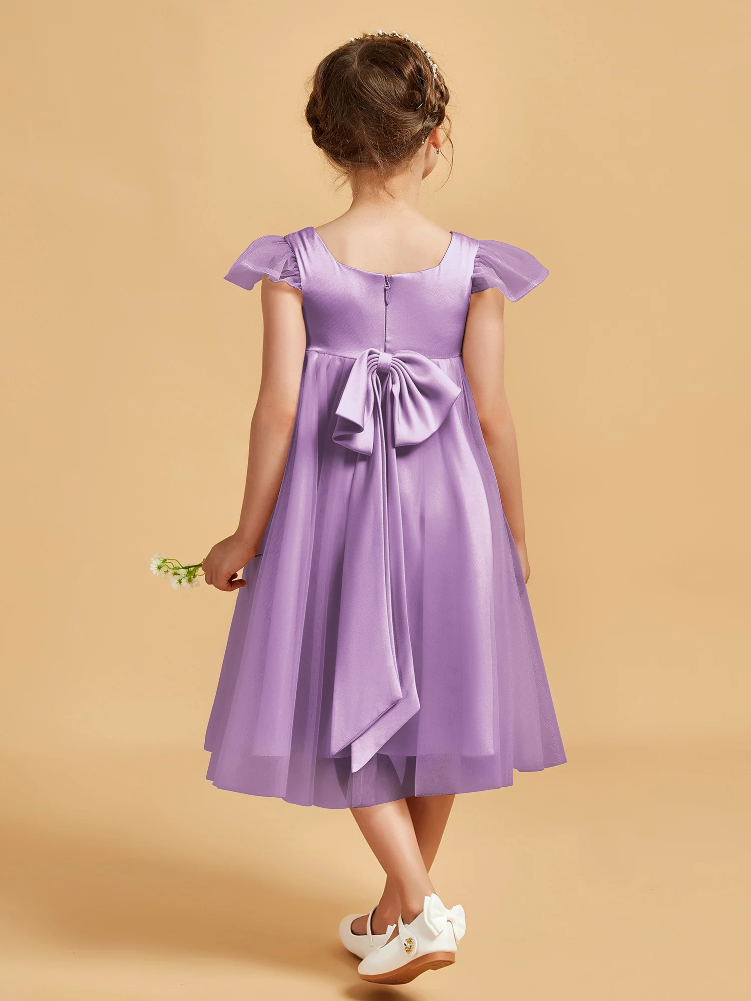 Square Neck Girl's Dress With Flutter Sleeves Lilac - Image 2