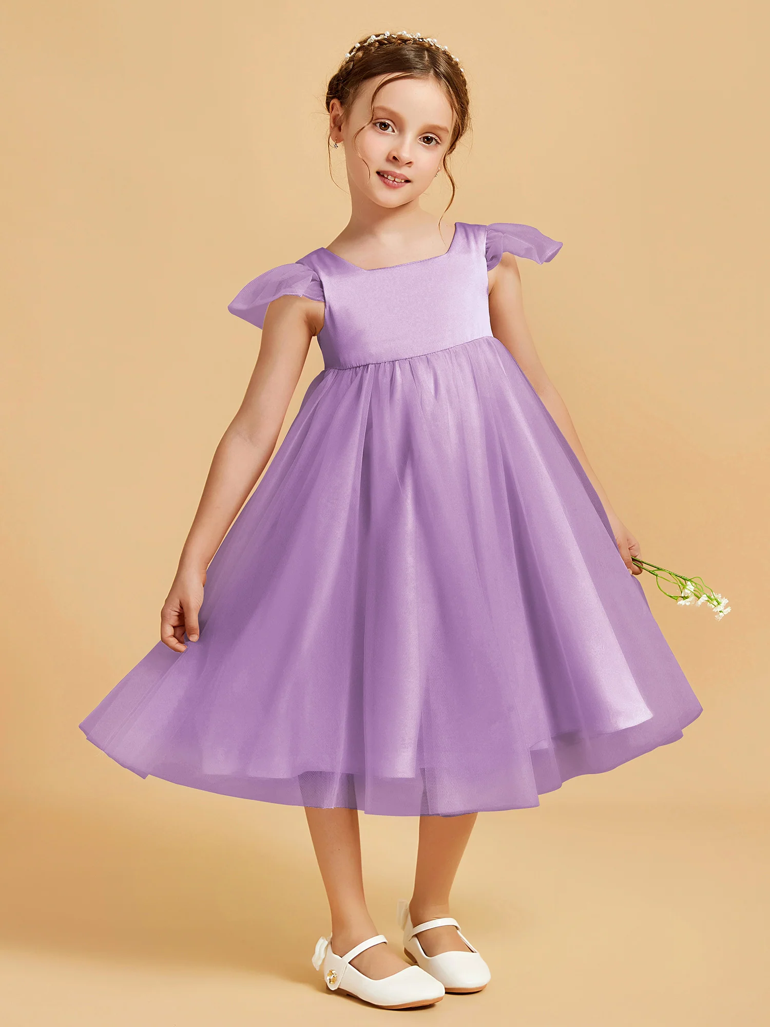 Square Neck Girl's Dress With Flutter Sleeves Lilac - Image 3