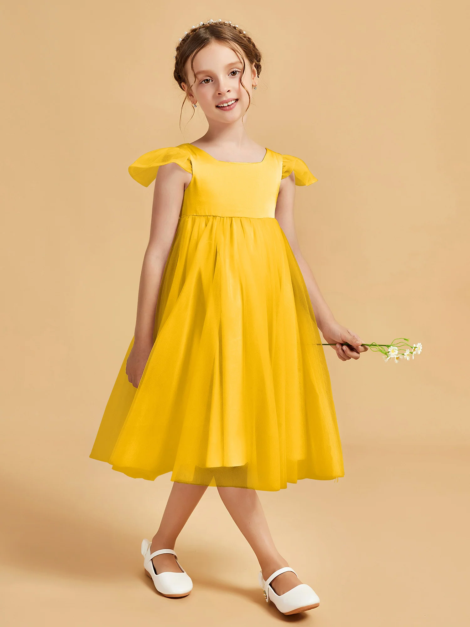 Square Neck Girl's Dress With Flutter Sleeves Marigold