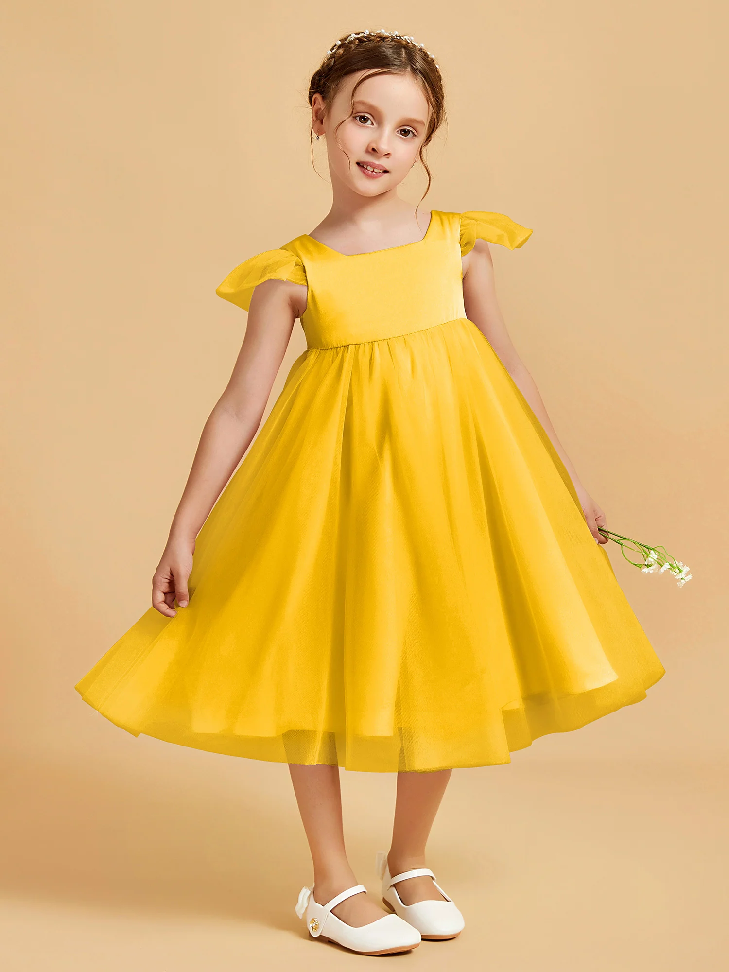 Square Neck Girl's Dress With Flutter Sleeves Marigold - Image 3