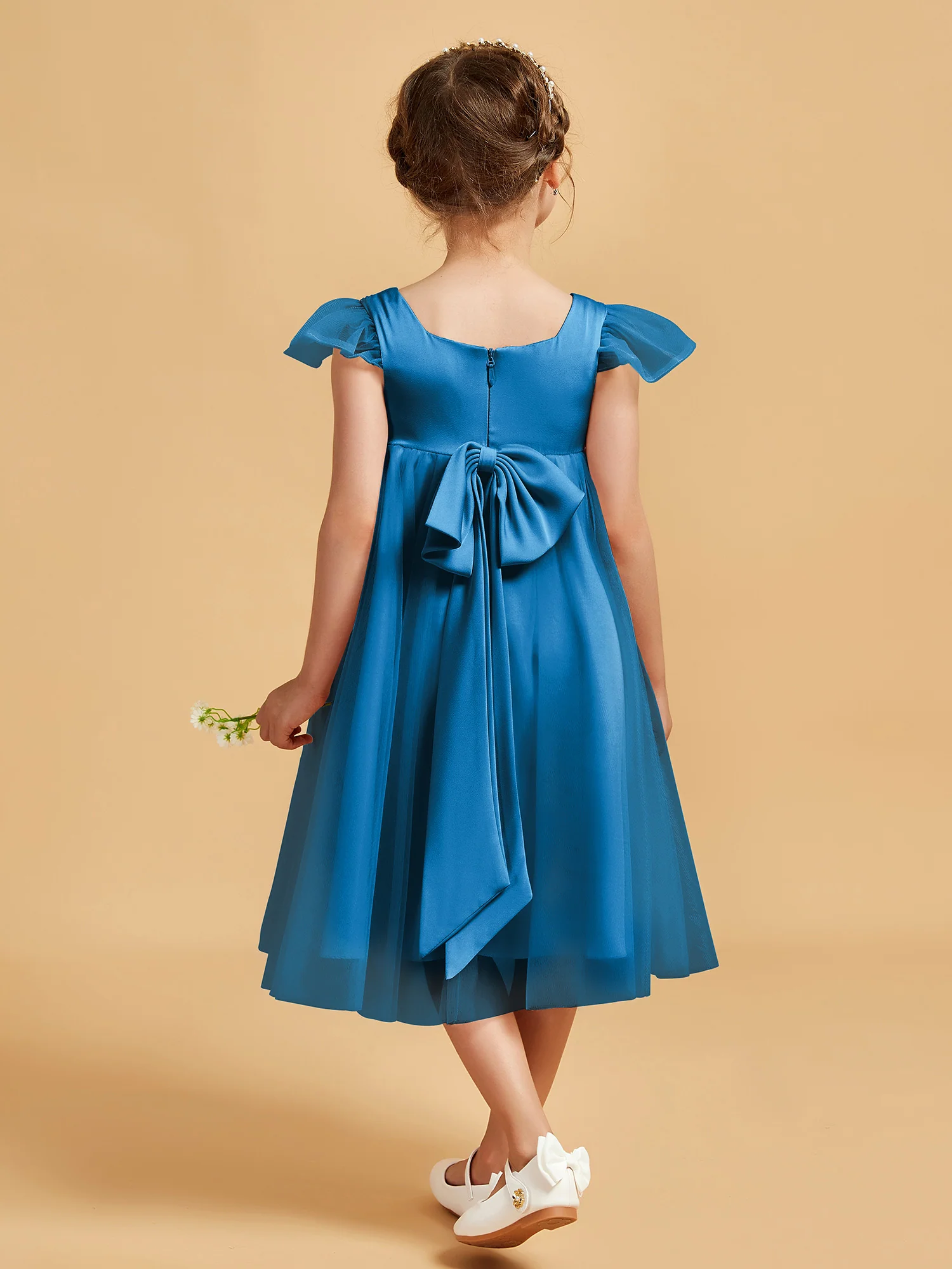 Square Neck Girl's Dress With Flutter Sleeves Ocean Blue - Image 2