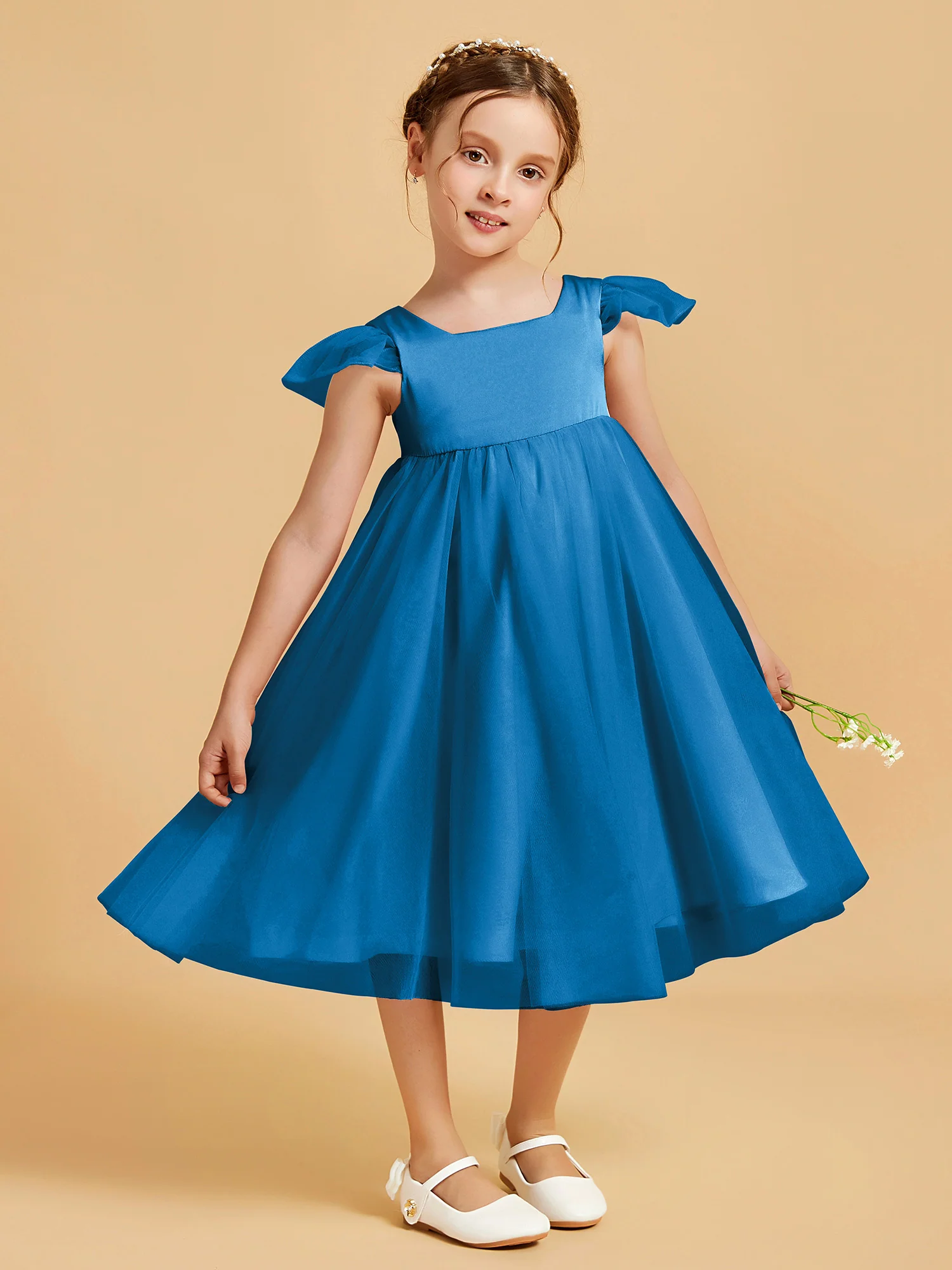 Square Neck Girl's Dress With Flutter Sleeves Ocean Blue - Image 3