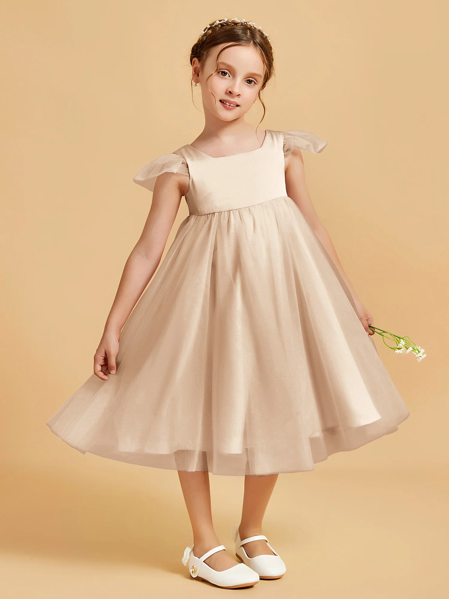 Square Neck Girl's Dress With Flutter Sleeves Peach - Image 3