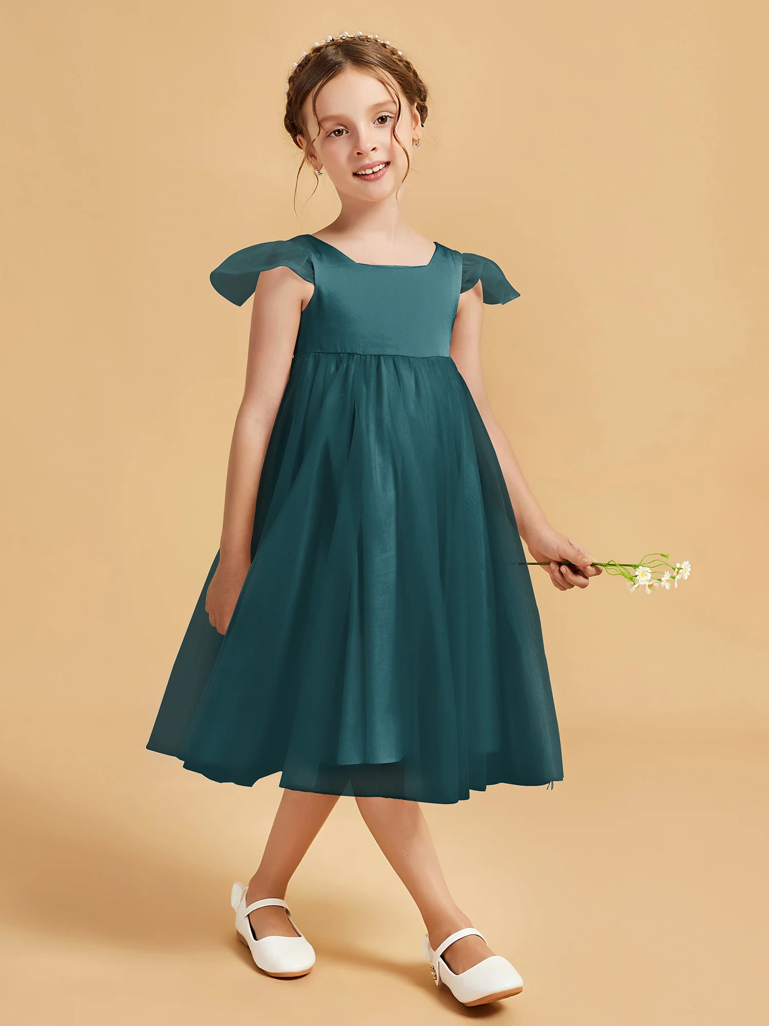 Square Neck Girl's Dress With Flutter Sleeves Peacock