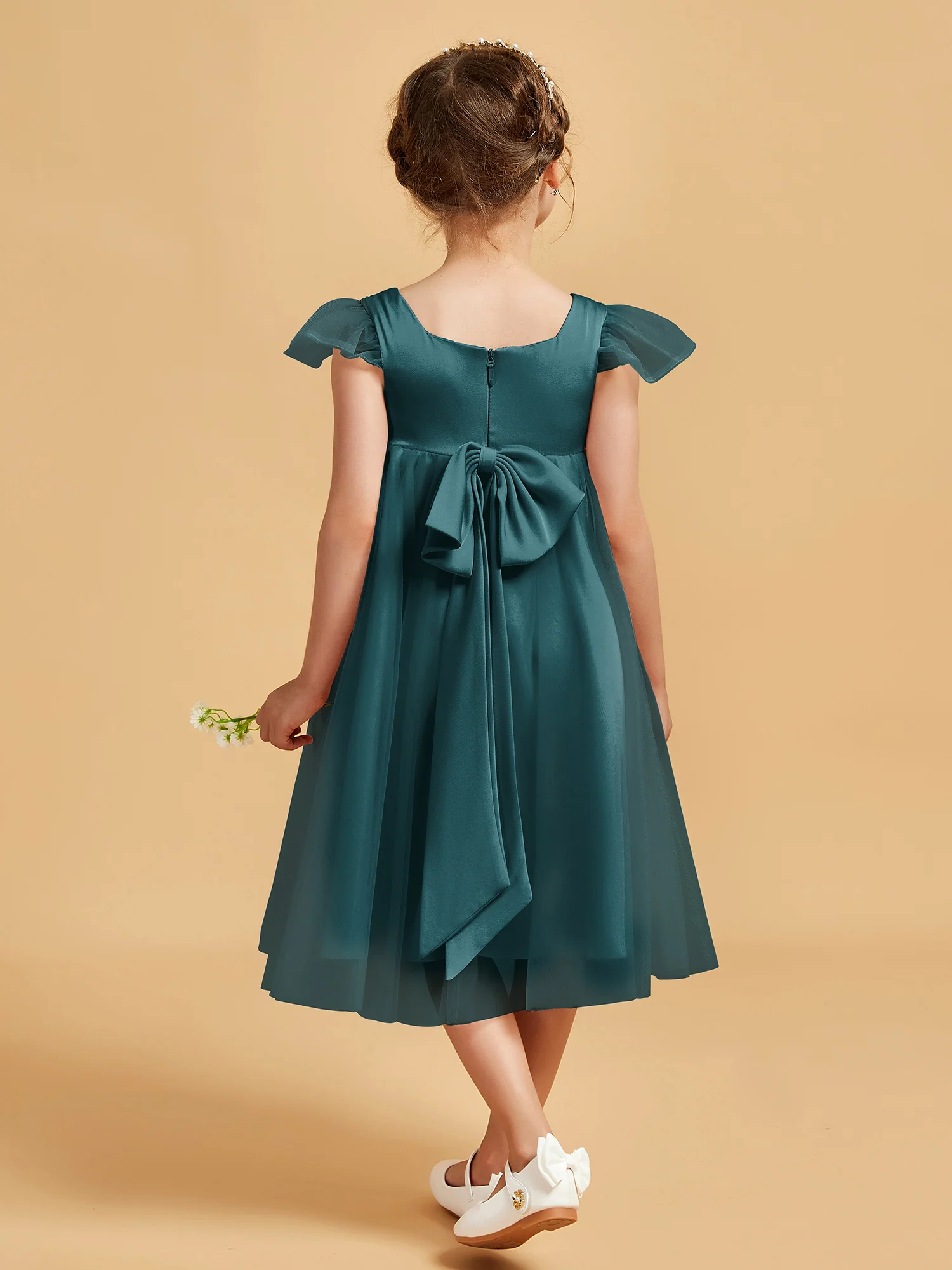 Square Neck Girl's Dress With Flutter Sleeves Peacock - Image 2