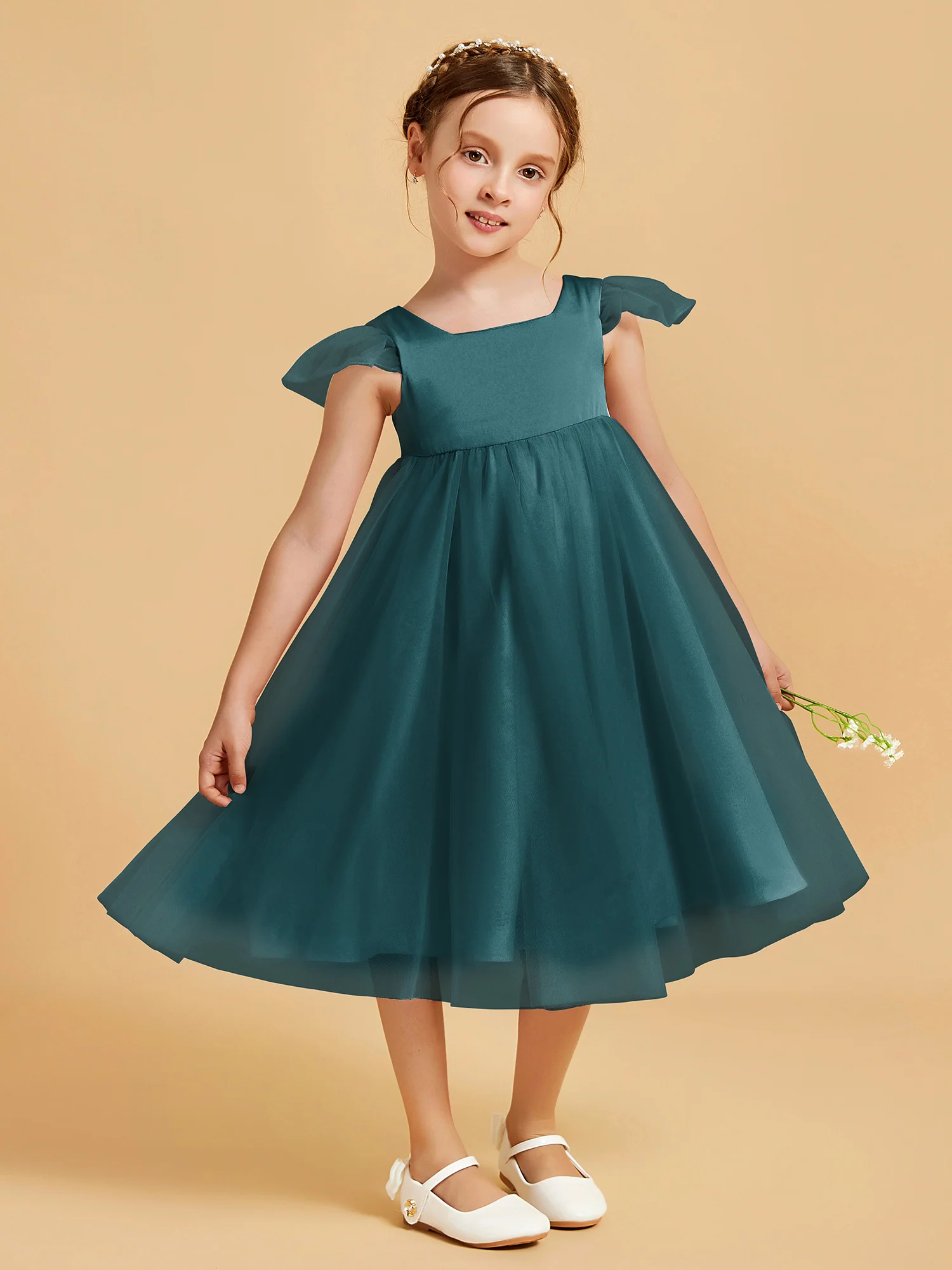Square Neck Girl's Dress With Flutter Sleeves Peacock - Image 3
