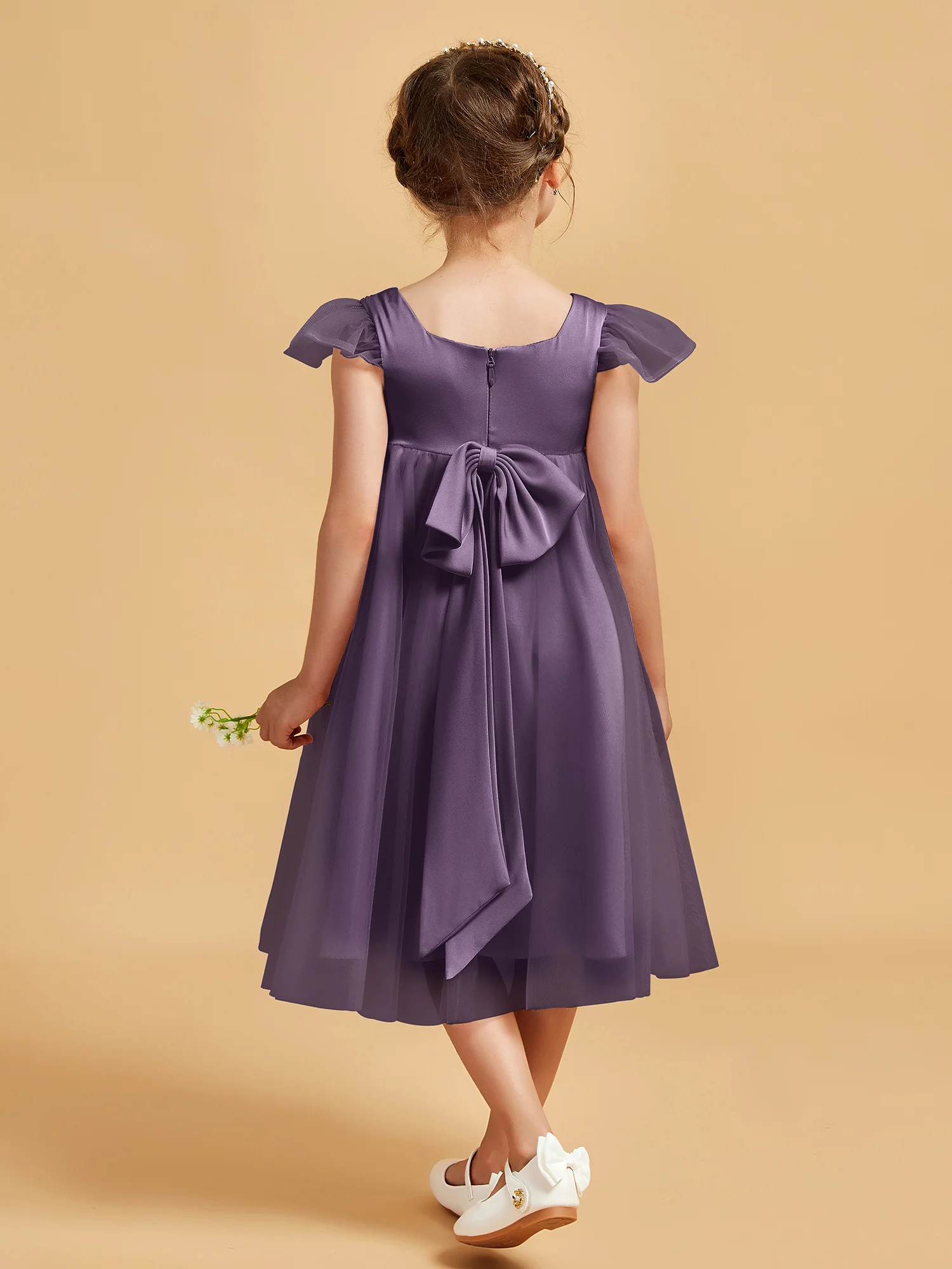 Square Neck Girl's Dress With Flutter Sleeves Plum - Image 2