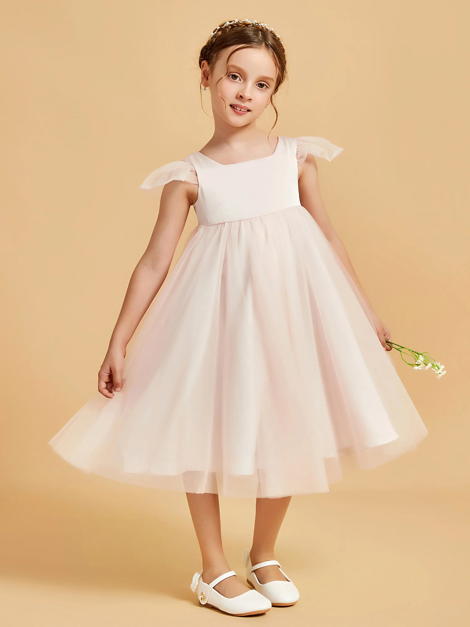 Square Neck Girl's Dress With Flutter Sleeves Rose Petal - Image 3