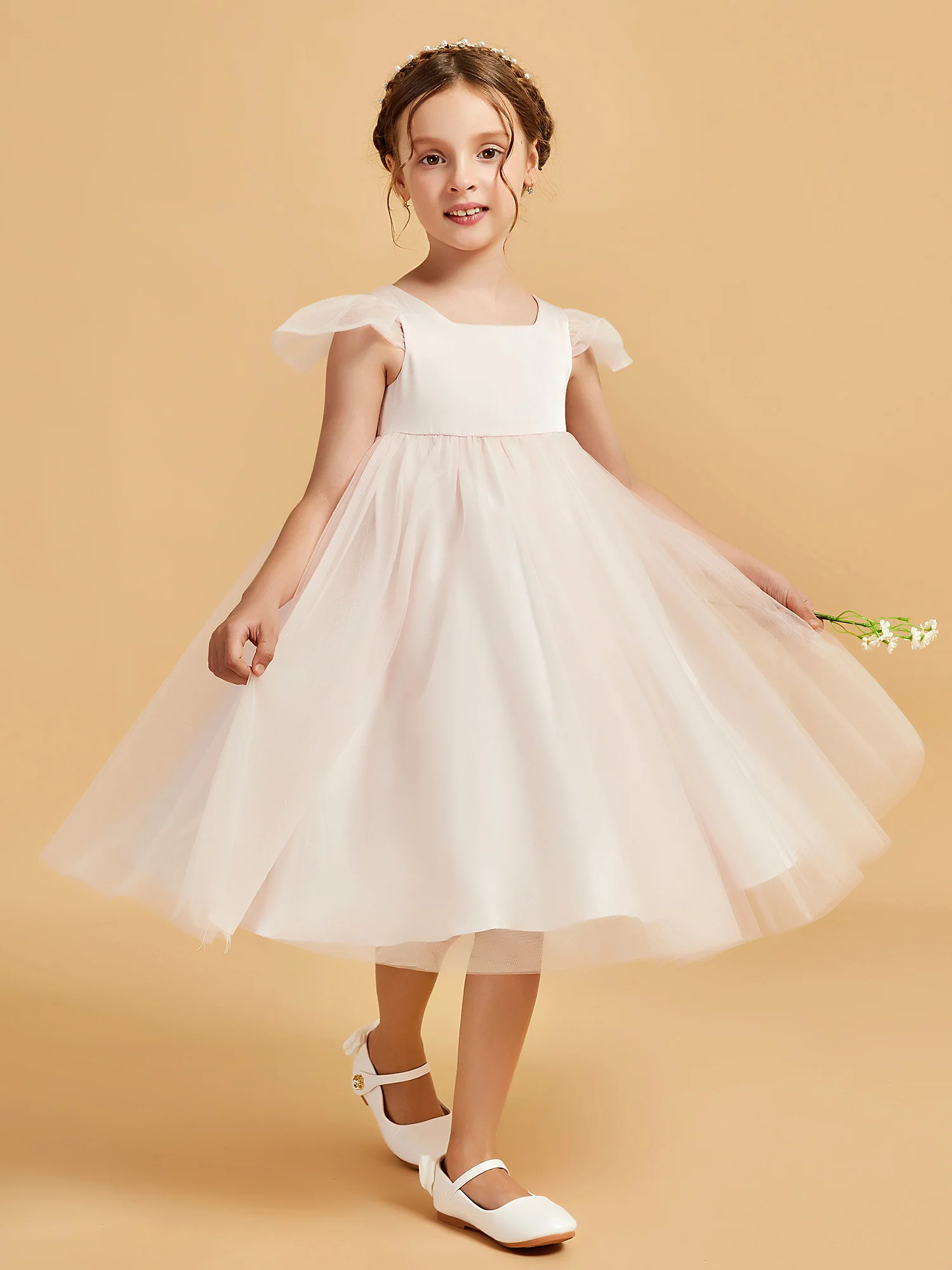 Square Neck Girl's Dress With Flutter Sleeves Rose Petal - Image 4
