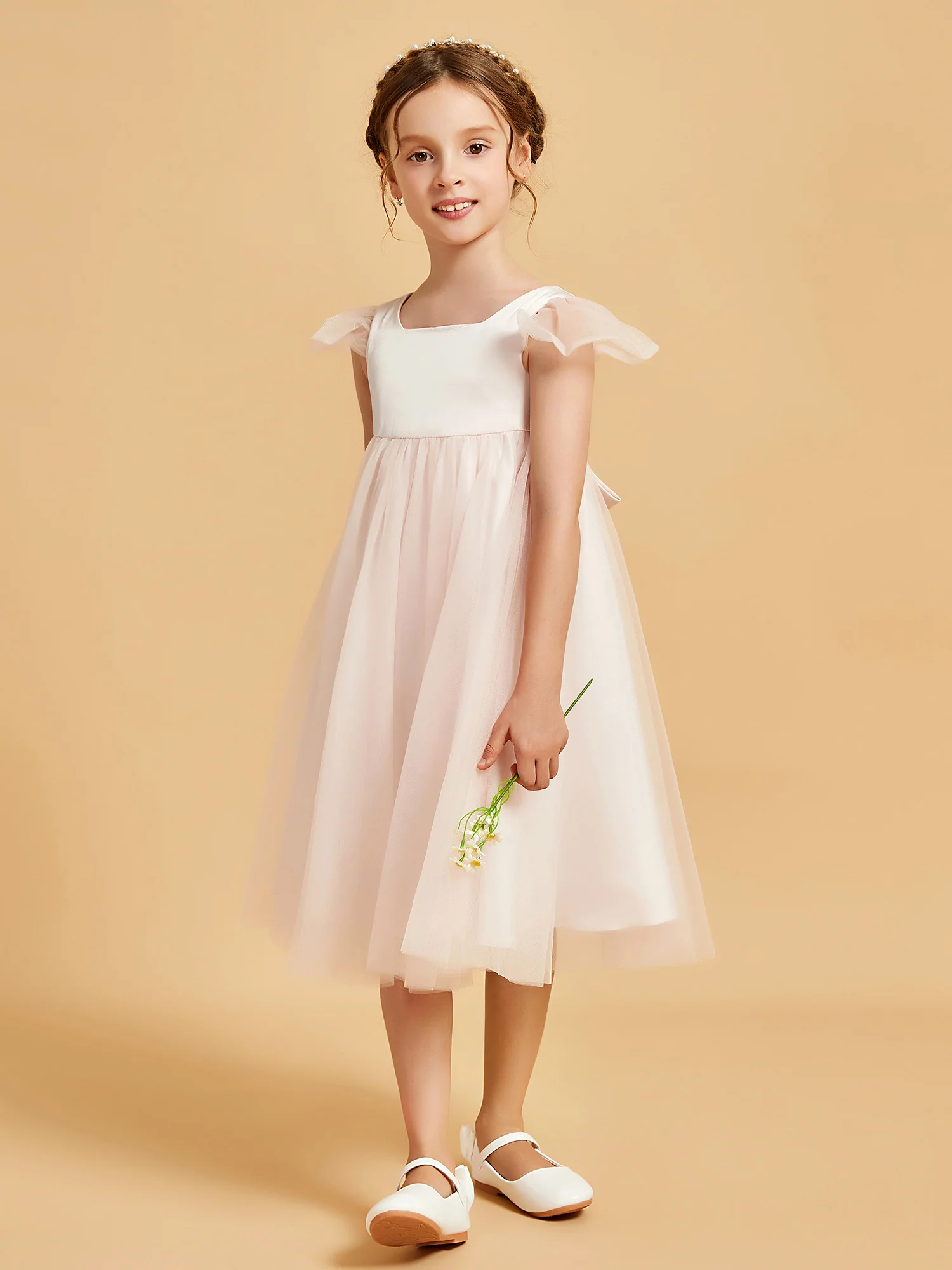 Square Neck Girl's Dress With Flutter Sleeves Rose Petal - Image 5