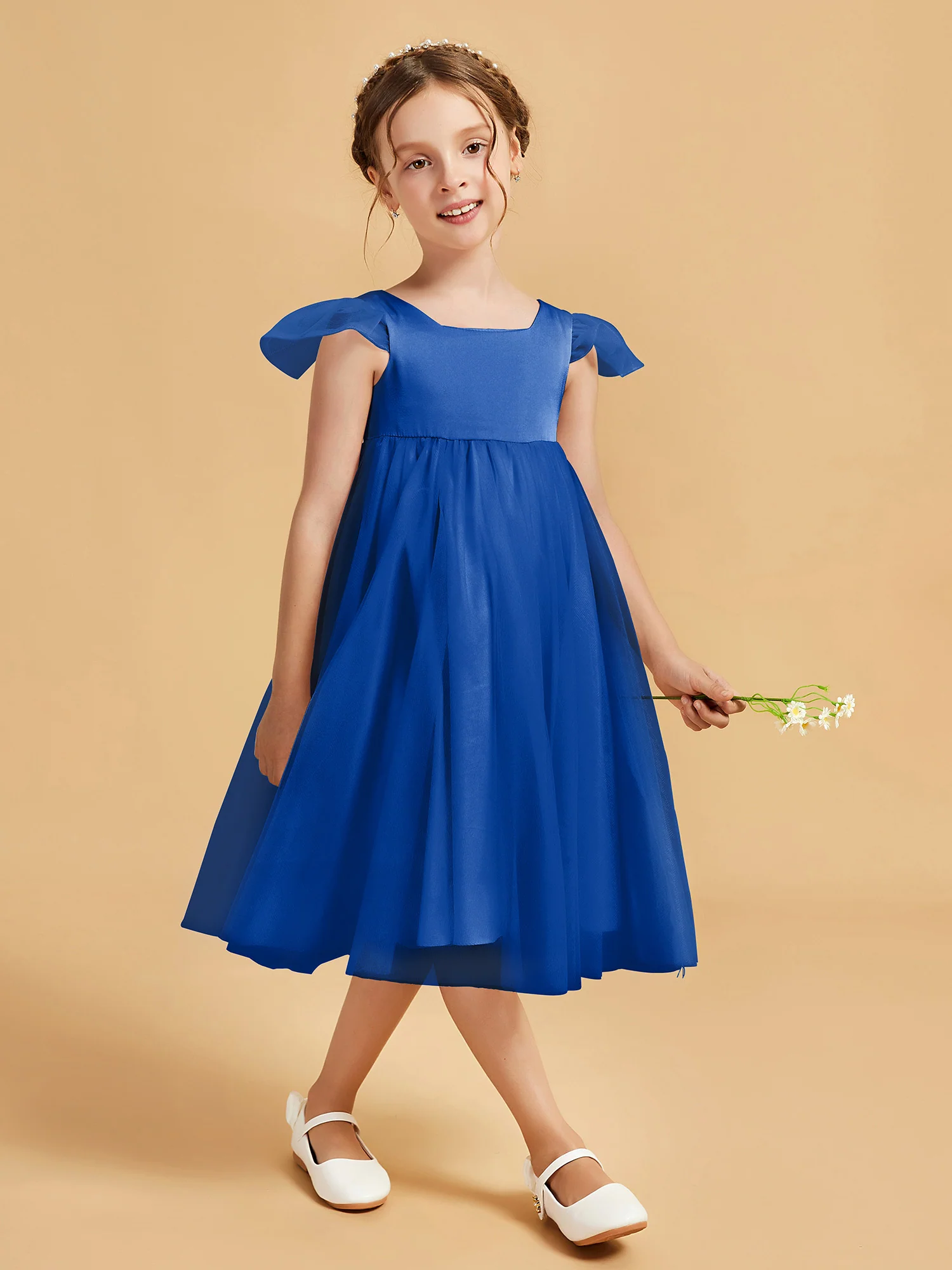 Square Neck Girl's Dress With Flutter Sleeves Royal Blue