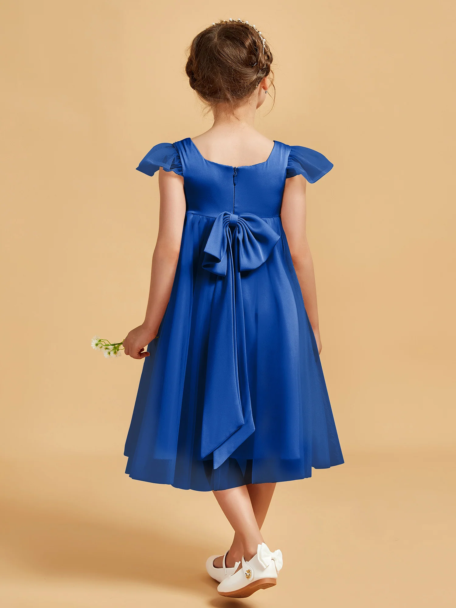 Square Neck Girl's Dress With Flutter Sleeves Royal Blue - Image 2