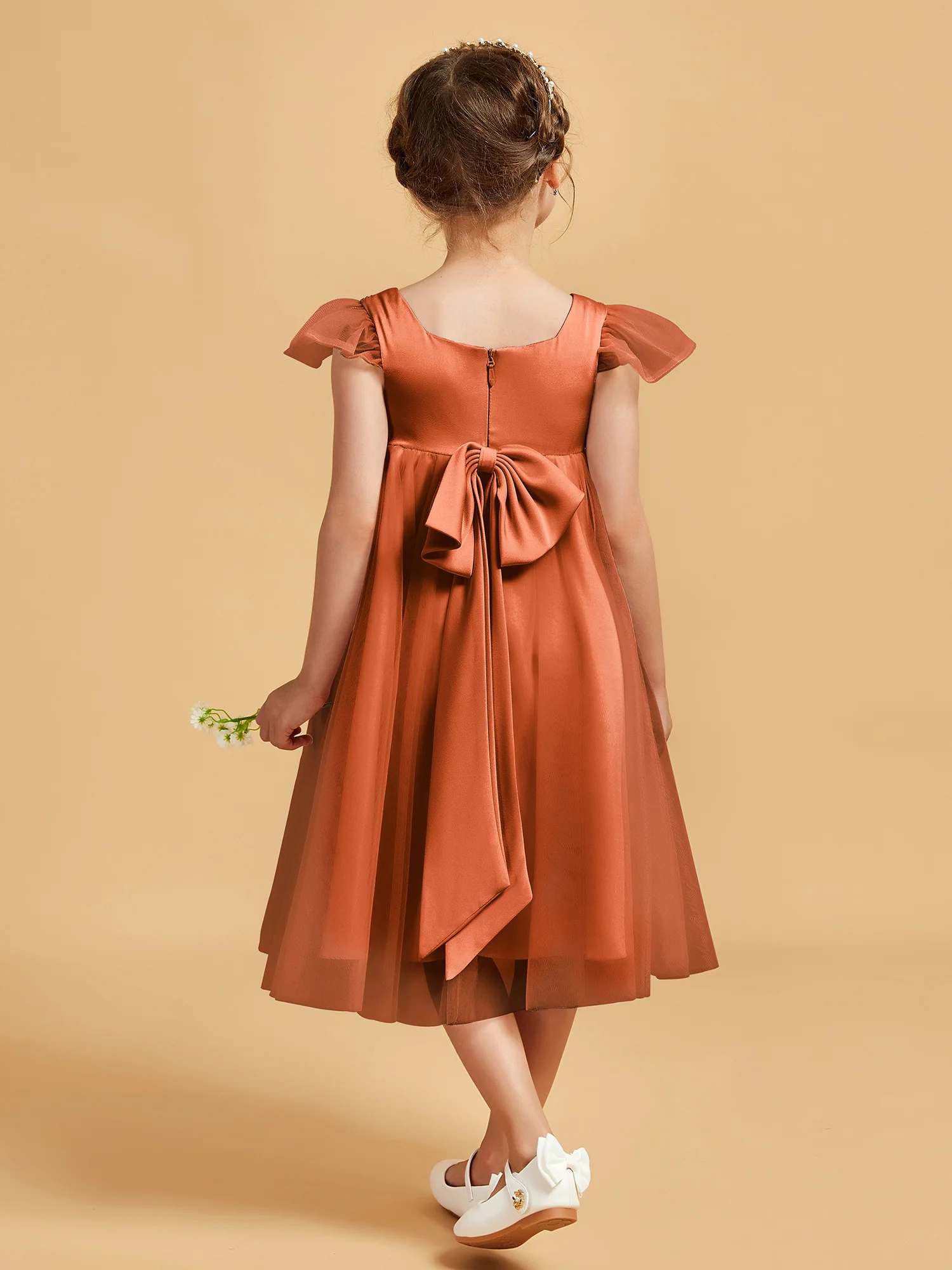 Square Neck Girl's Dress With Flutter Sleeves Rust - Image 2