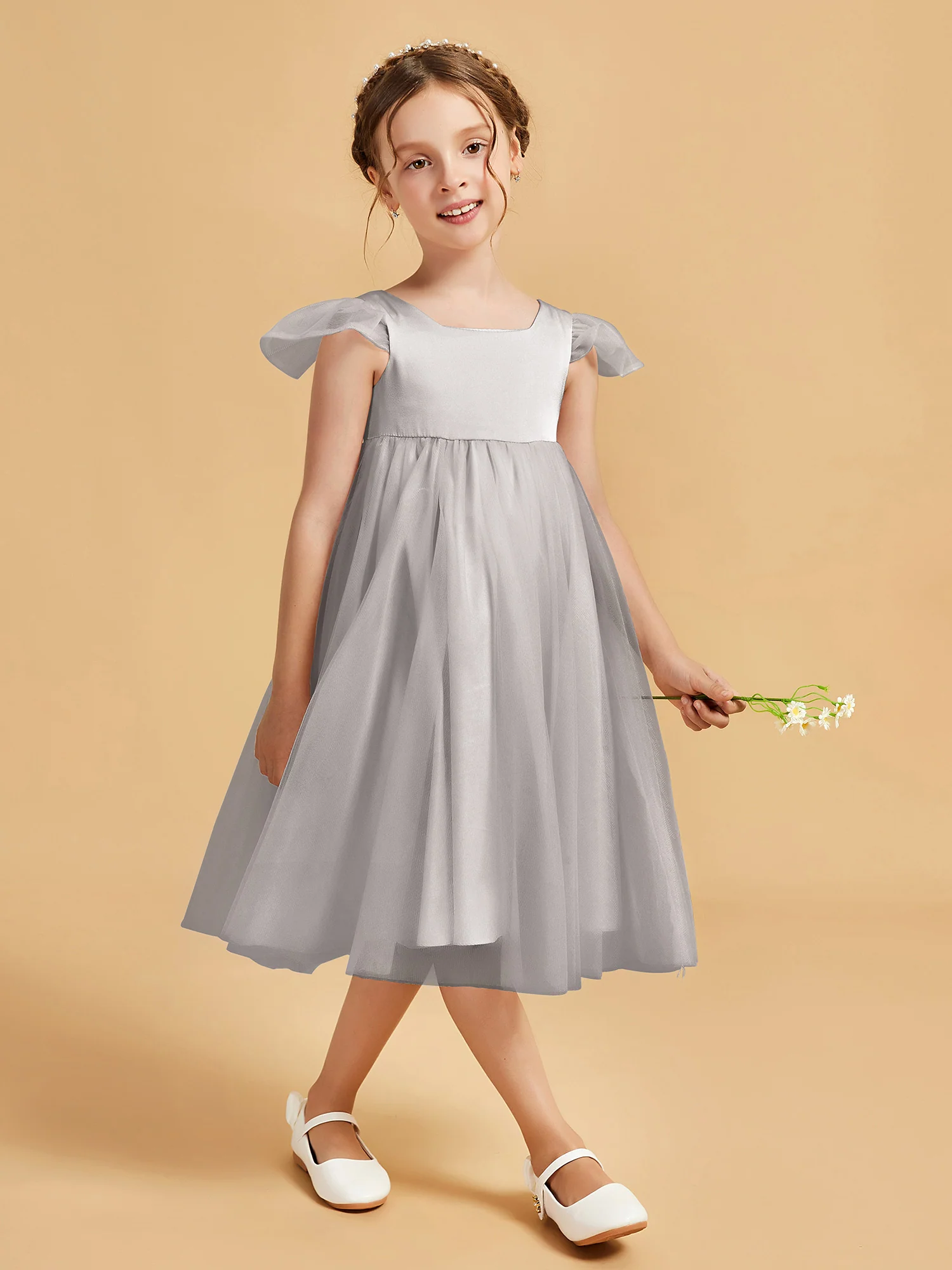 Square Neck Girl's Dress With Flutter Sleeves Silver