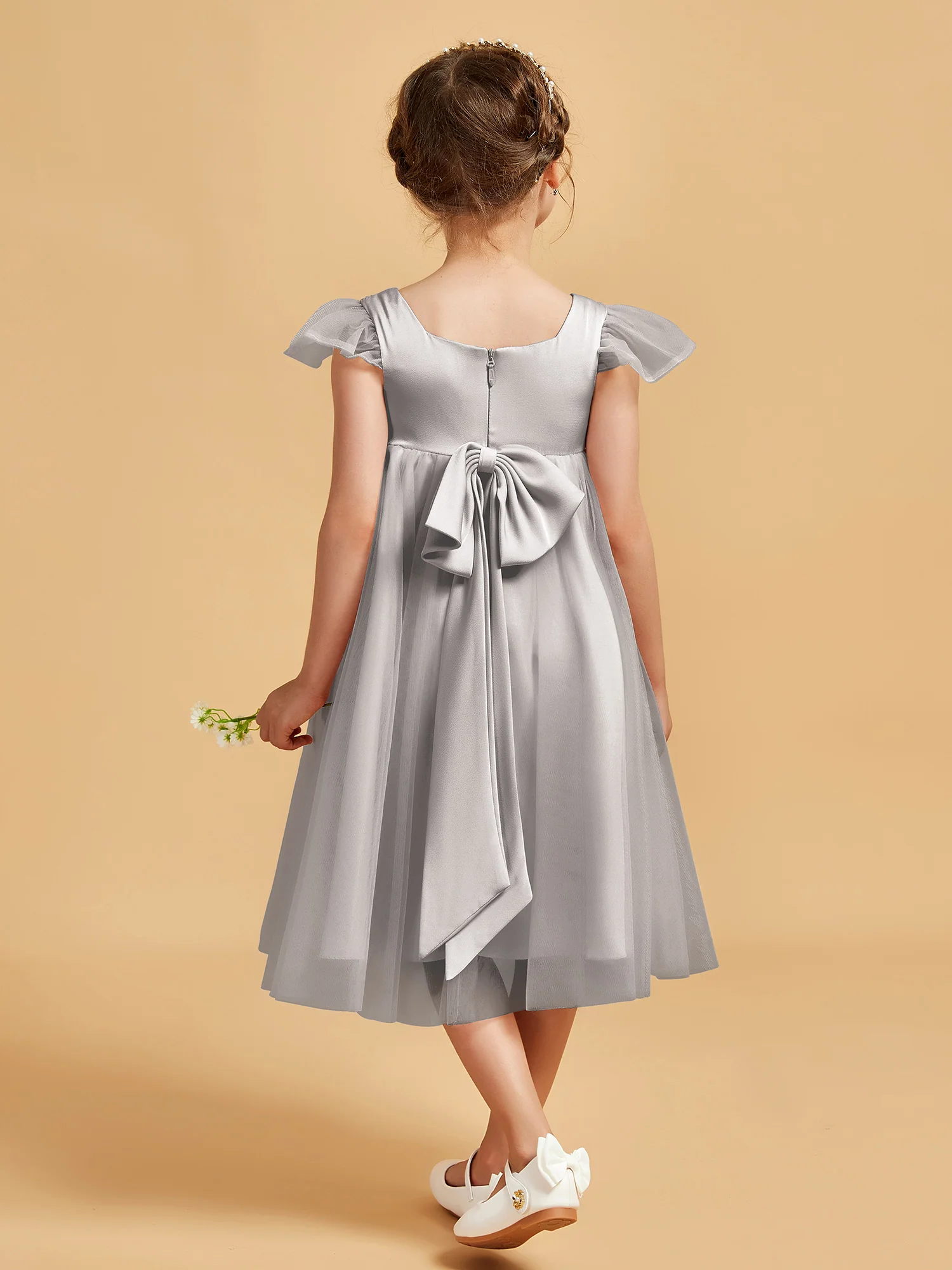 Square Neck Girl's Dress With Flutter Sleeves Silver - Image 2