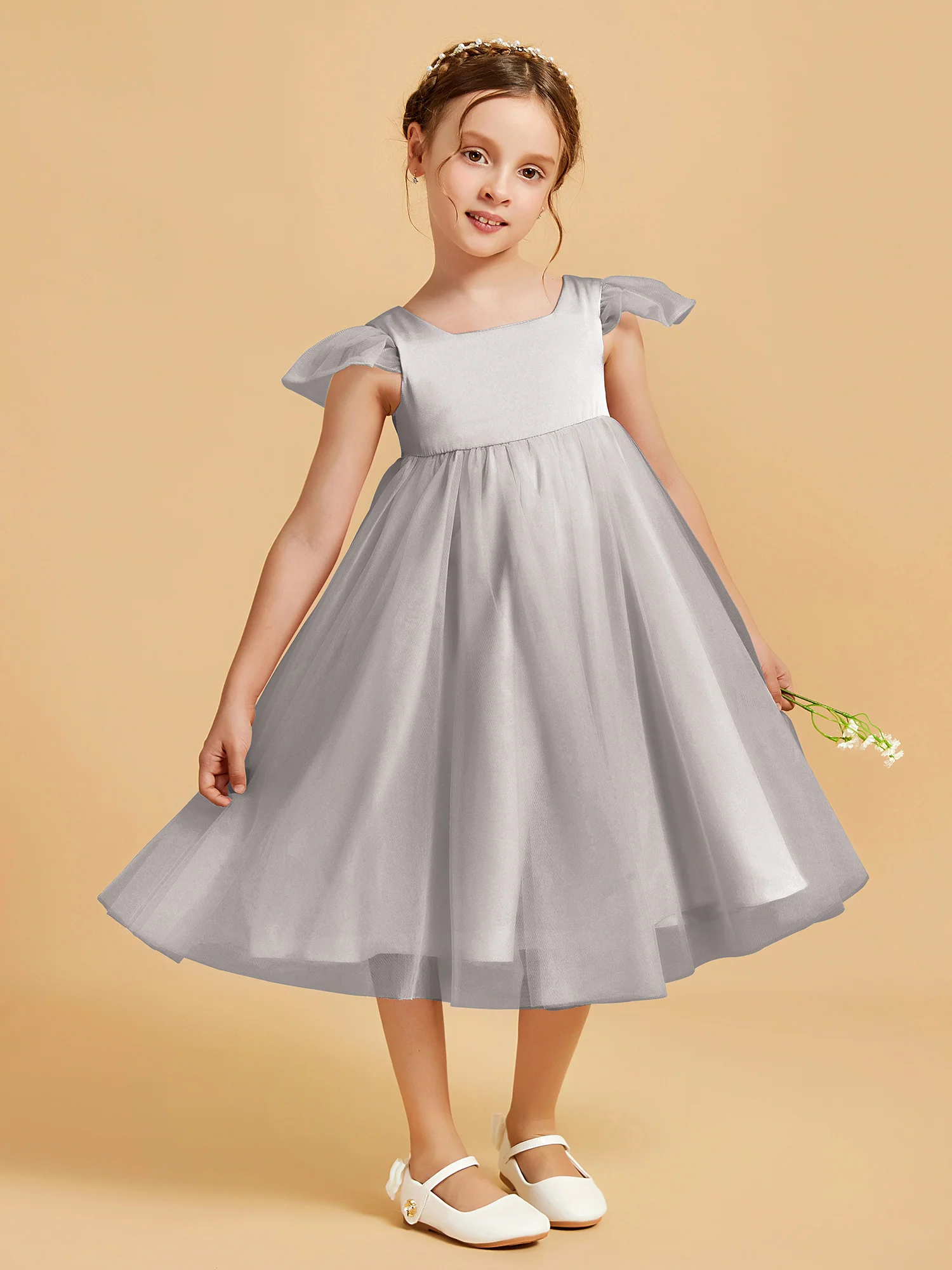 Square Neck Girl's Dress With Flutter Sleeves Silver - Image 3