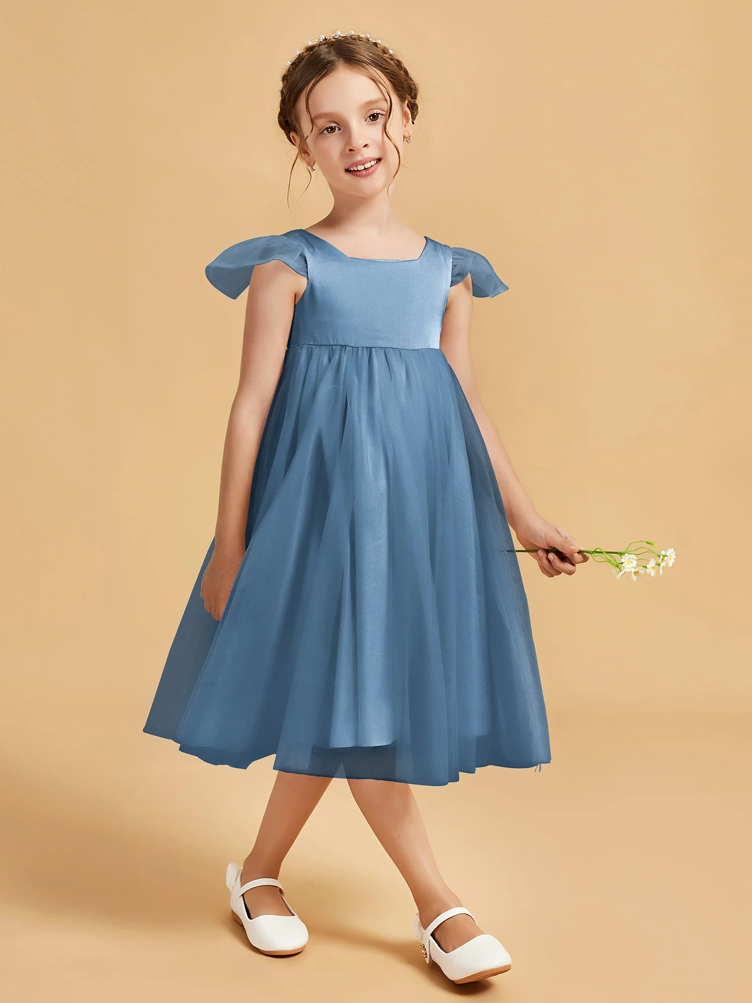 Square Neck Girl's Dress With Flutter Sleeves Slate Blue